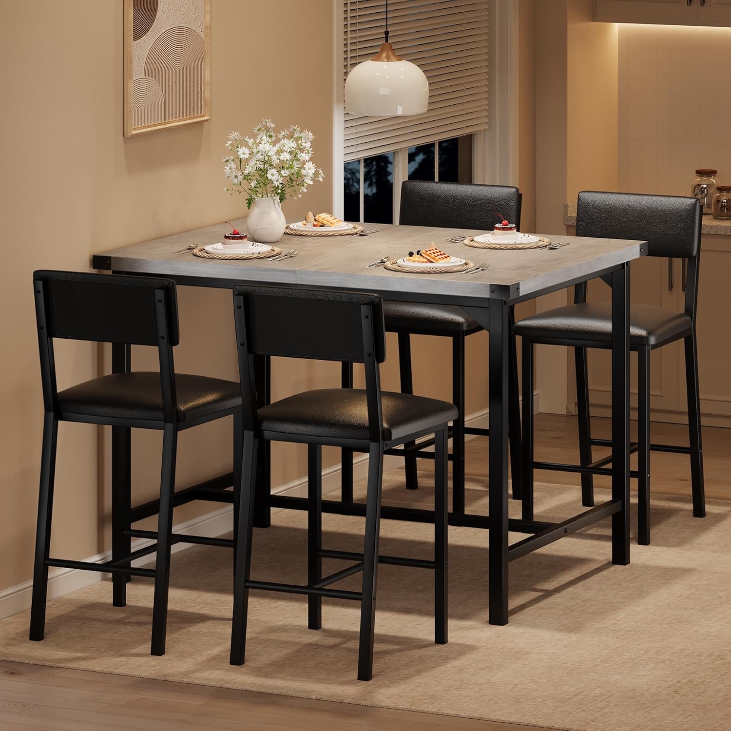 IDEALHOUSE Dining Table Set for 4 w/Footrest, 5-Piece Kitchen Table Set with Corner Protector, Counter Height Table with 4 Upholstered Bar Stools, for Apartment, Pub, Rustic Gray