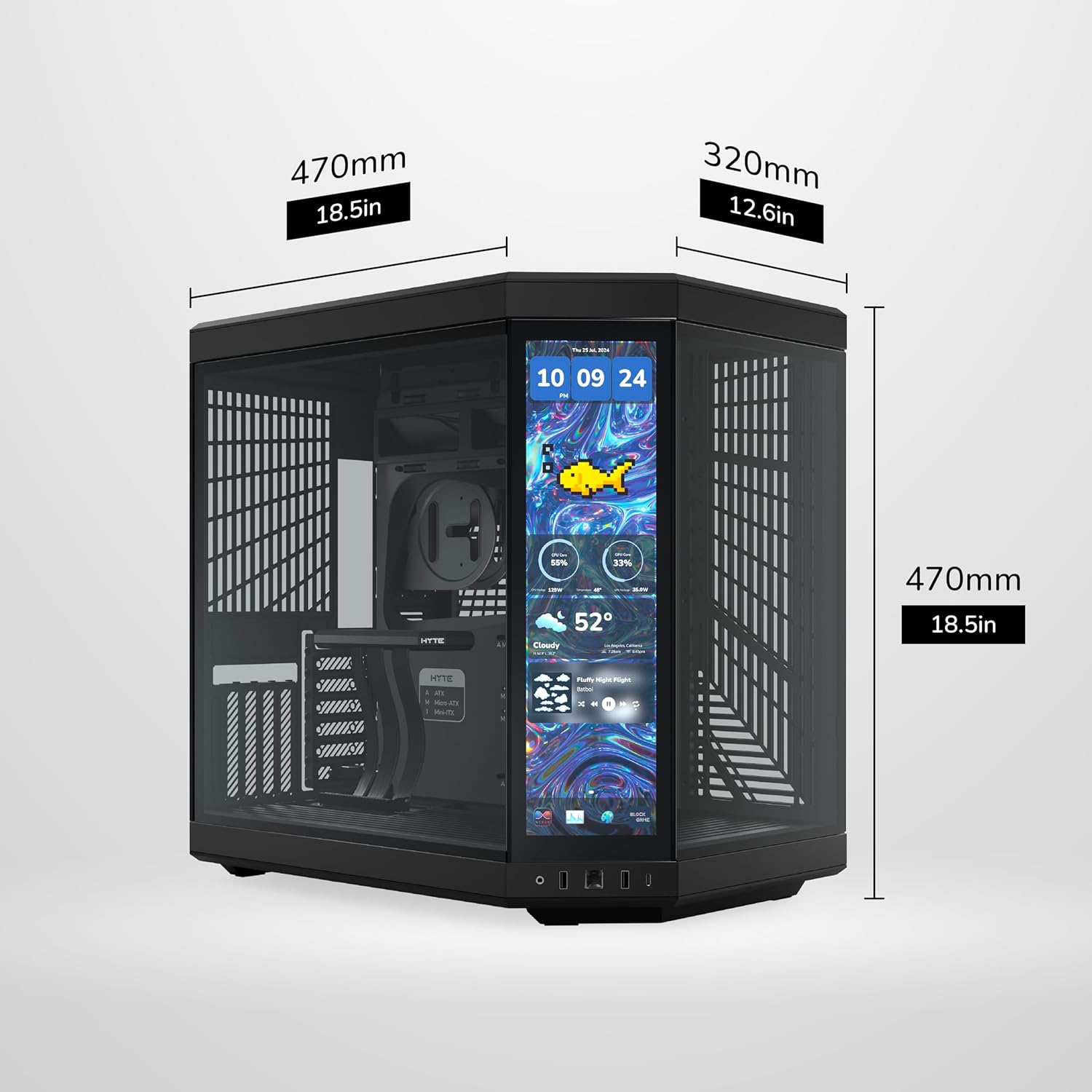 HYTE Y70 Touch Infinite Modern Aesthetic Gaming PC Case - Integrated 2.5K LCD Touchscreen Screen Display - Dual Chamber ATX Desktop Chassis - 10 Fan Capacity - Luxury PCIe 4.0 Riser Cable- Pitch Black