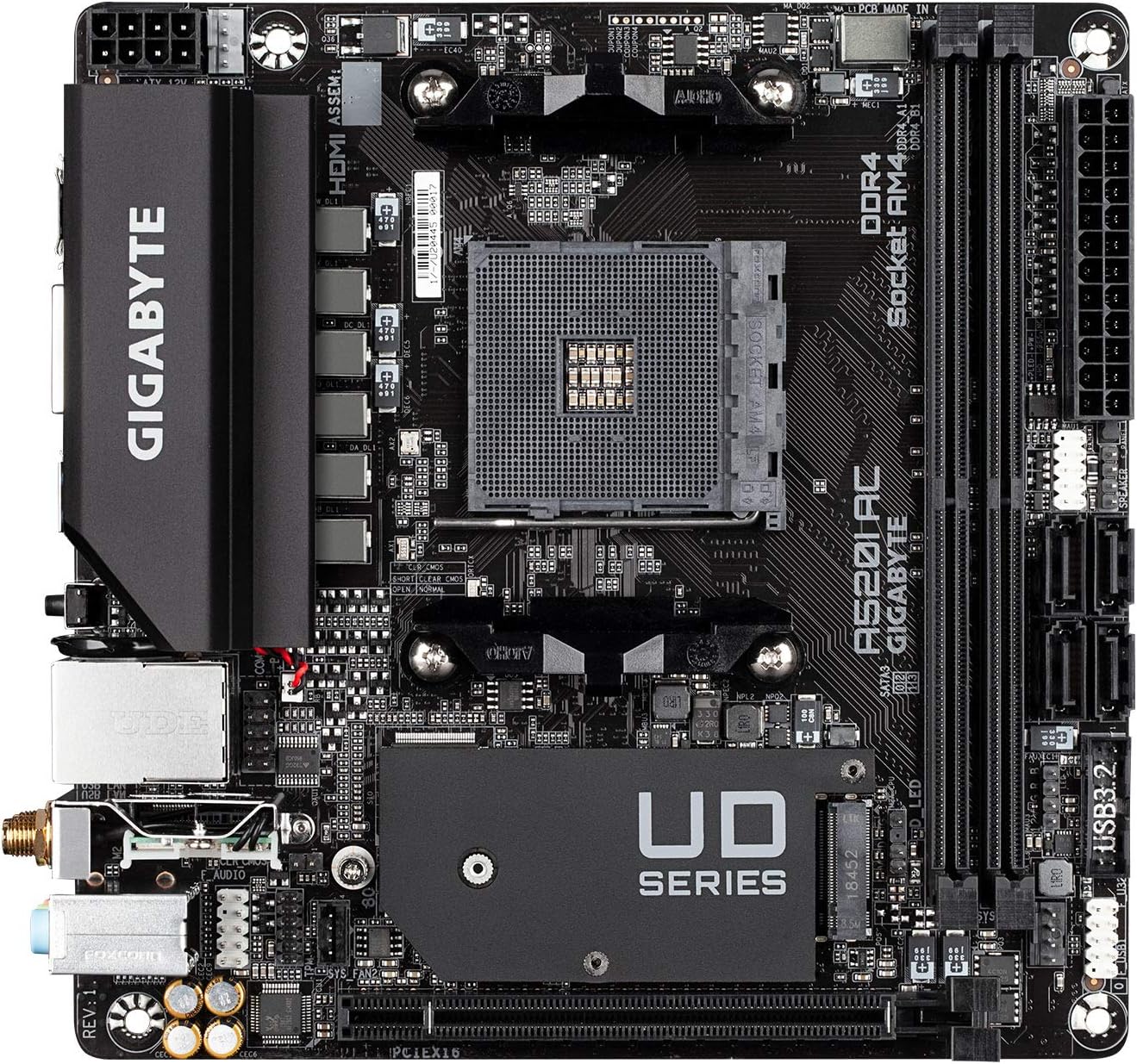 Gigabyte A520I AC (AMD Ryzen AM4/Mini-ITX/Direct 6 Phases Digital PWM with 55A DrMOS/Gaming GbE LAN/Intel WiFi+Bluetooth/NVMe PCIe 3.0 x4 M.2/3 Display Interfaces/Q-Flash Plus/Motherboard)