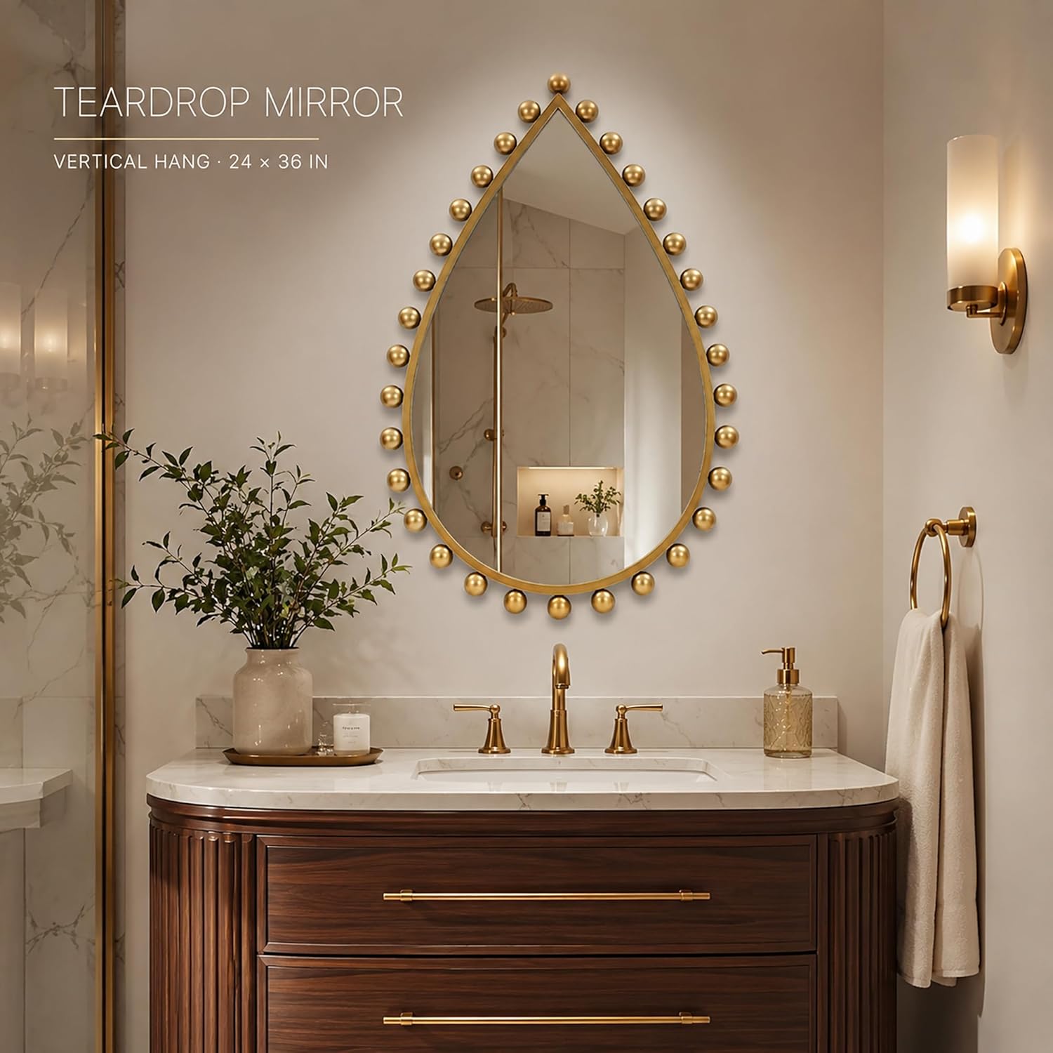 Antique Gold Teardrop Mirror Unique with Ball Frame – 24
