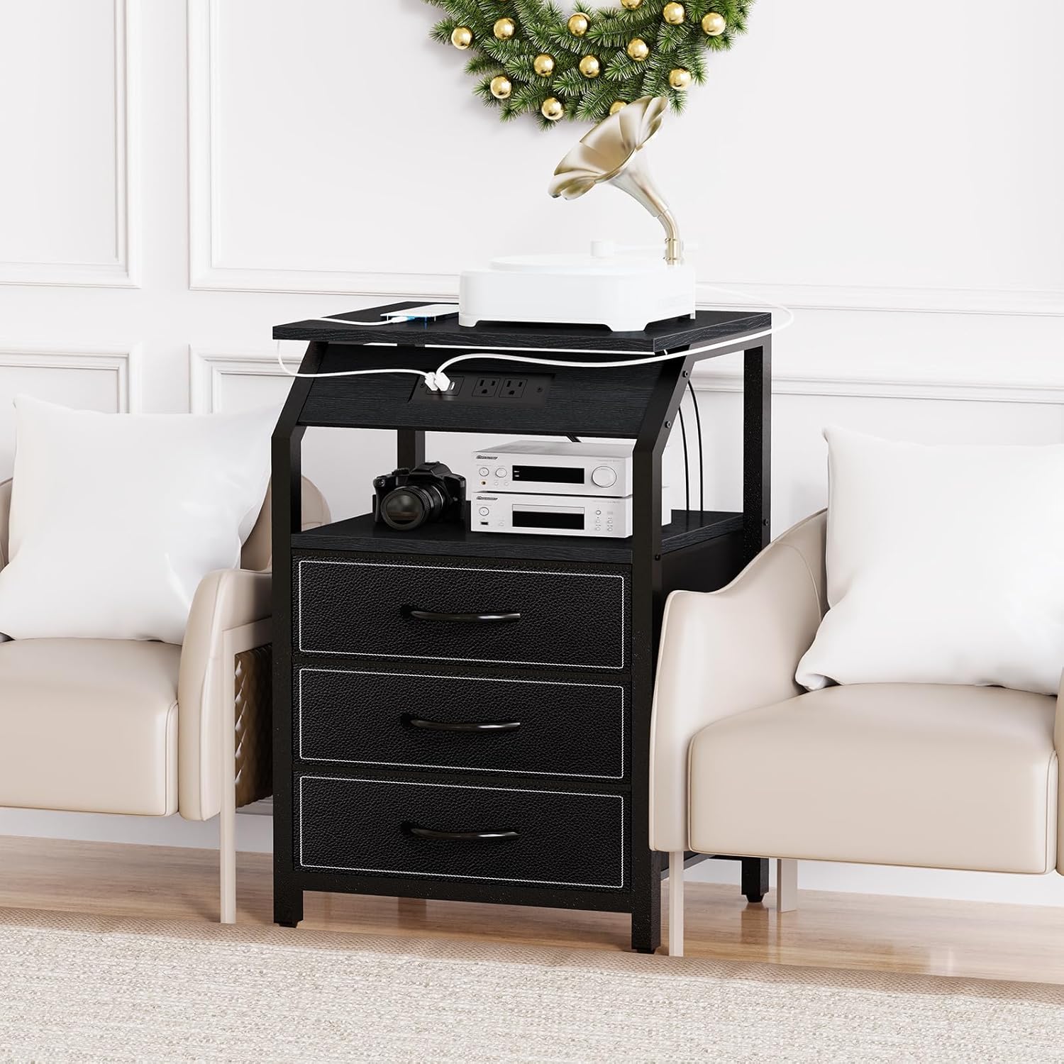 SZLHANJZ End Tables Set of 2, Nightstands with Charging Station and LED Lights, 3 Drawers Fabric Bedside Table, Storage Side Tables for Bedside, Living Room, Modern Black