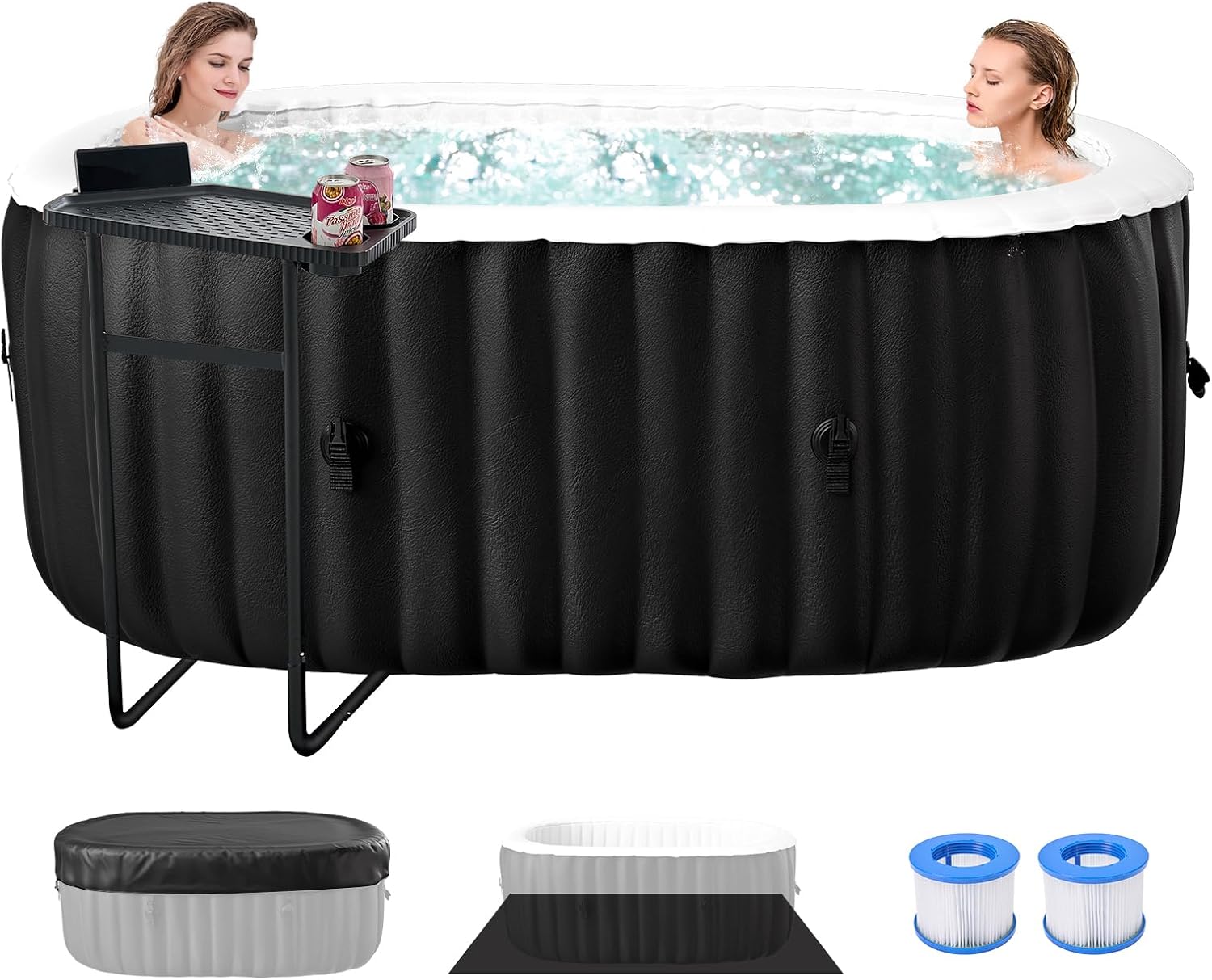 Glonerle Inflatable Hot Tub with Side Table, 2 Person Oval Portable Blow up Hot Tub Spa, Leak-Proof PVC Outdoor Spa with 100 Air Jets, Heater Pump and Insulated Cover, 75” L X 47”W X 25”H