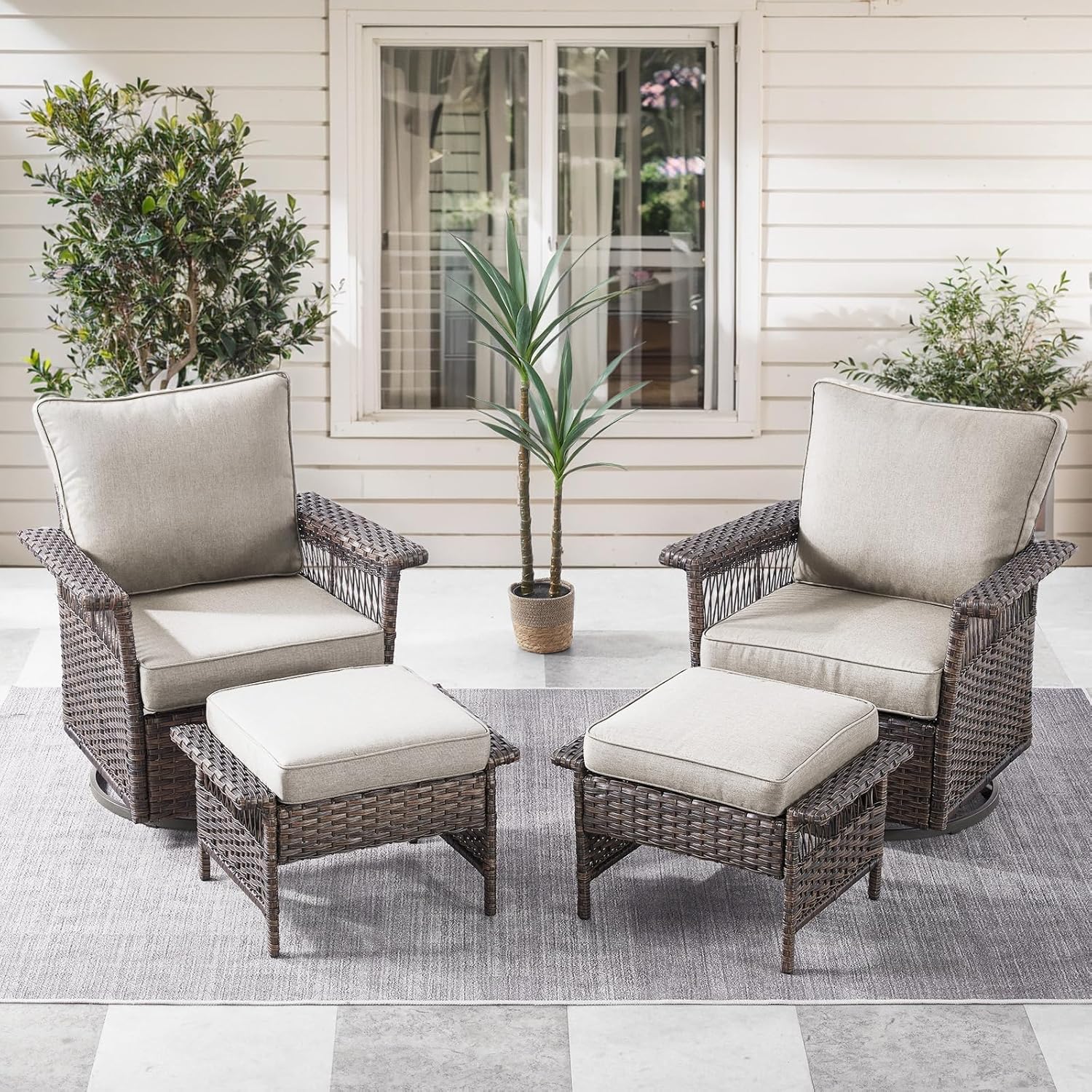 Outdoor Swivel Glider Chairs - 4 Pieces Hollow Widen Armrests Wicker Patio Furniture Set with Ottomans, High Back Outside Swivel Rocker for Balcony Porch Deck and Yard - Brown/Beige