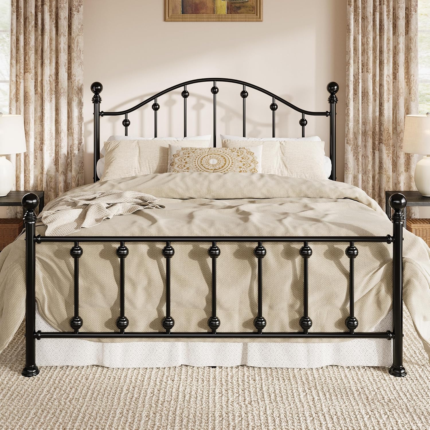 SHA CERLIN Full Metal Bed Frame, Victorian Style Platform Bed with Curved Headboard and Classic Footboard, No Box Spring Needed, Black