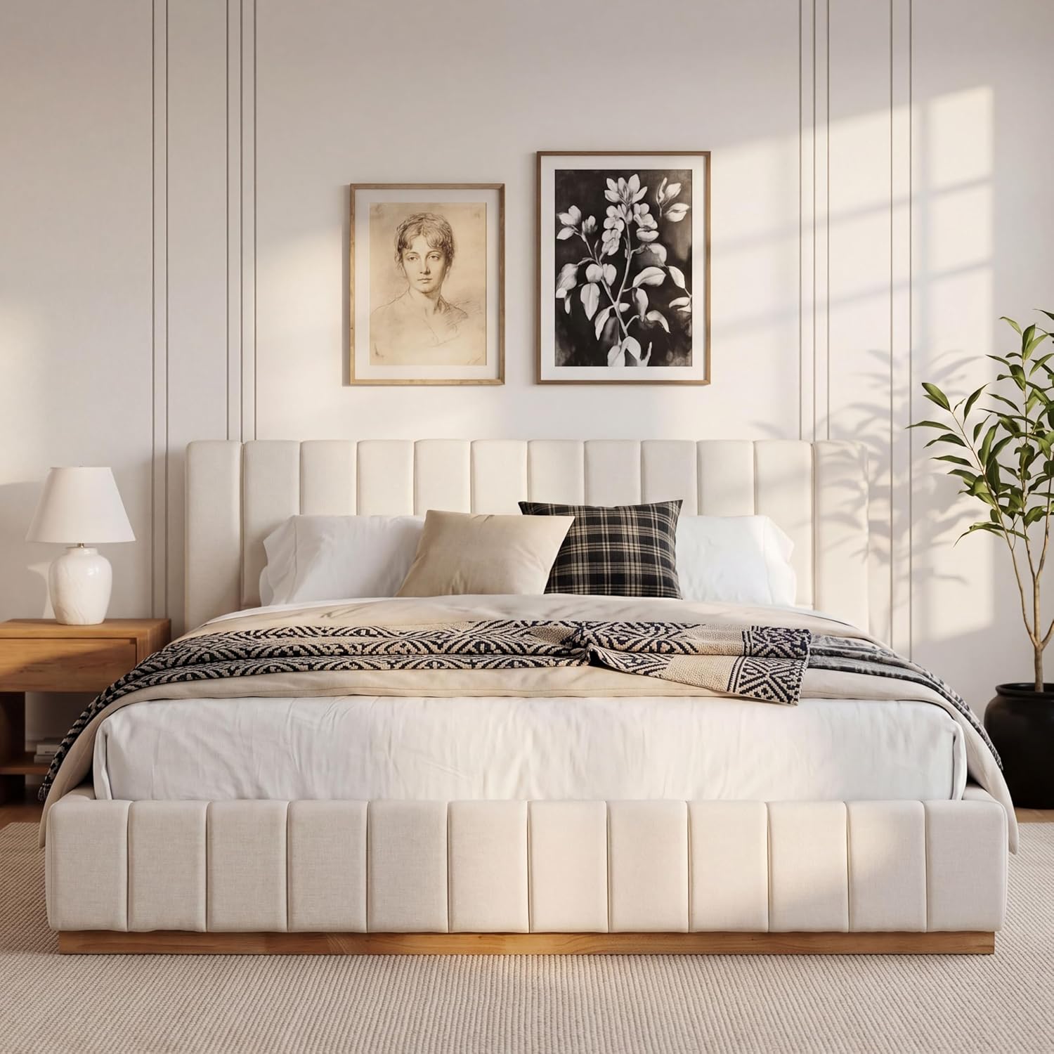 Merax Queen Size Upholstered Platform Bed with Thick Headboard and Footboard, Modern Solid Wood Cloud Floor Bed Frame Striped Vertical Quilted Fabric, 800 lbs Capacity for Bedroom, Beige