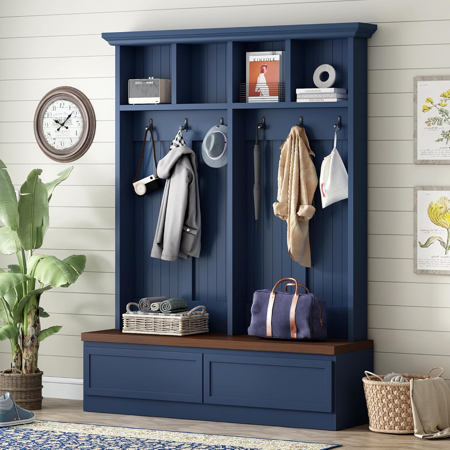 4-in-1 Hall Tree with Wood Grain Bench, Entryway Shoe Storage Organizer with Coat Rack, 2 Large Drawers, and 6 Golden Hooks for Hallway, Foyer Organizer Furniture, Blue