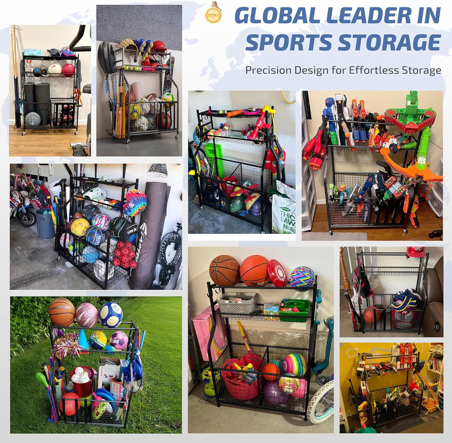 PLKOW Sports Equipment Storage for Garage, Indoor/Outdoor Sports Rack for Garage, Ball Storage Garage Organizer with Basket and Hooks,Toy/Sports Gear Storage