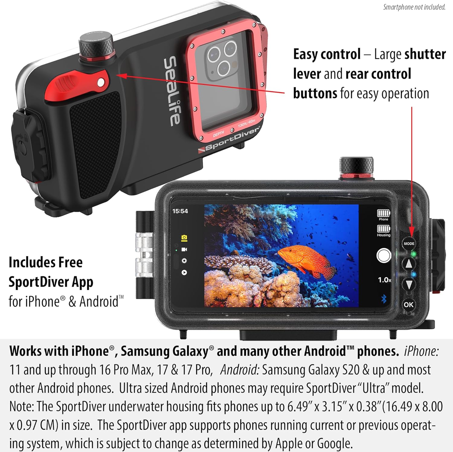 Sealife SportDiver Underwater Smartphone Housing – Dive to 130', Waterproof Photography, Easy Camera Controls, with Leak Alarms, Fits Most Phones