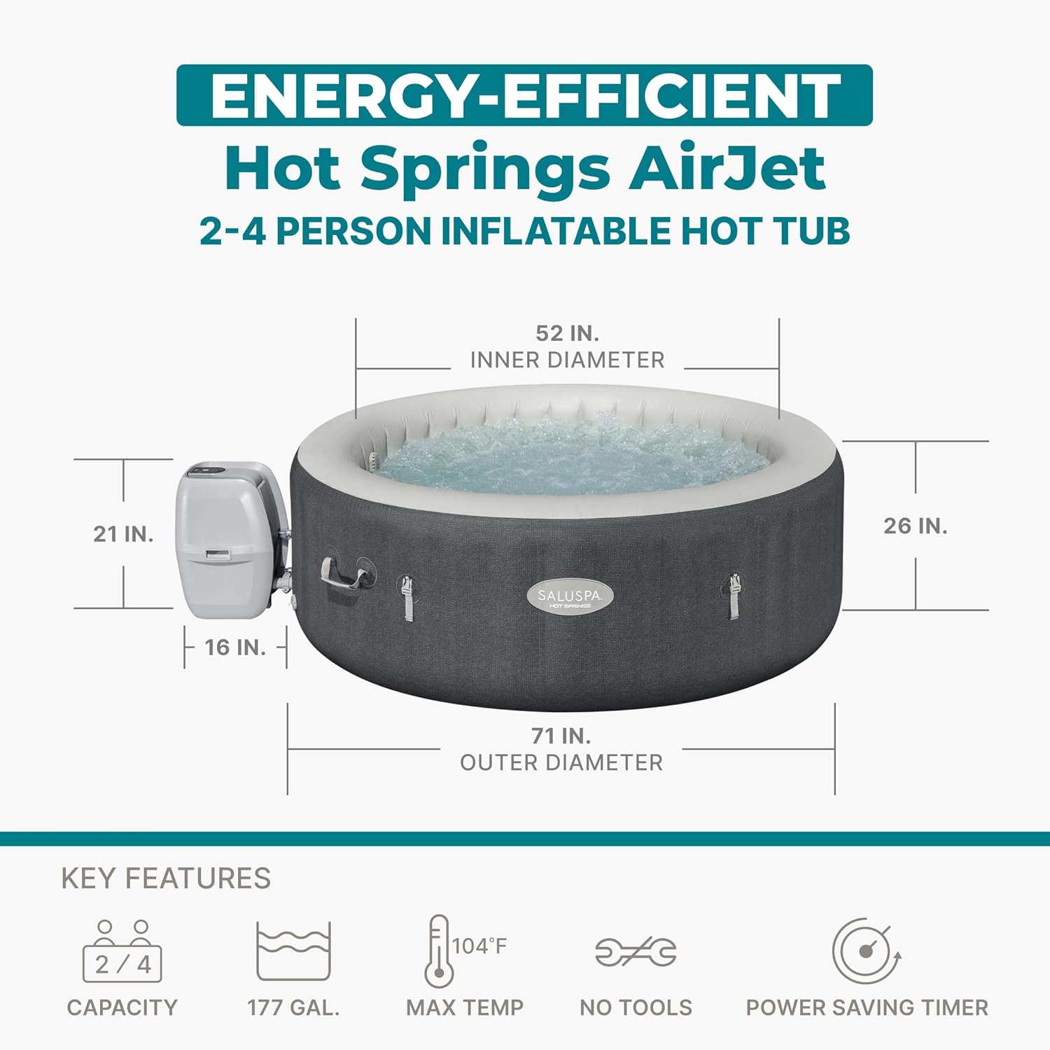 Bestway SaluSpa Hot Springs Inflatable Hot Tub, Fits Up to 2-4 Persons, Energy-Efficient Portable Spa, Outdoor Blow Up Hottub for Backyard, 120 AirJets, 71