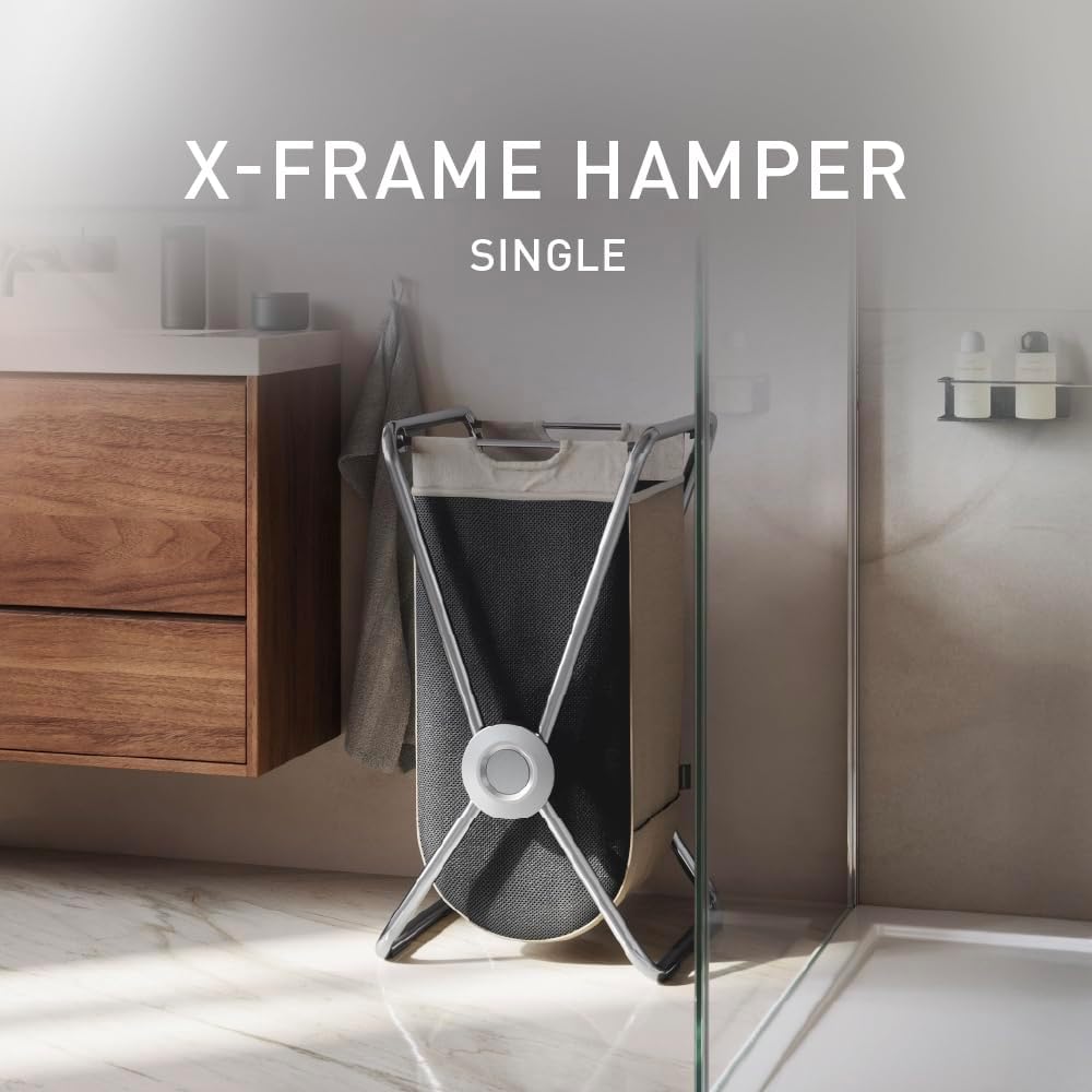 simplehuman X-Frame Hamper, Single Compartment Laundry Hamper for Bedroom Bathroom, Heavy-Gauge Steel Frame, Stain & Odor Resistant Machine Washable Bag, Easy Carry Steel Handles, Chrome