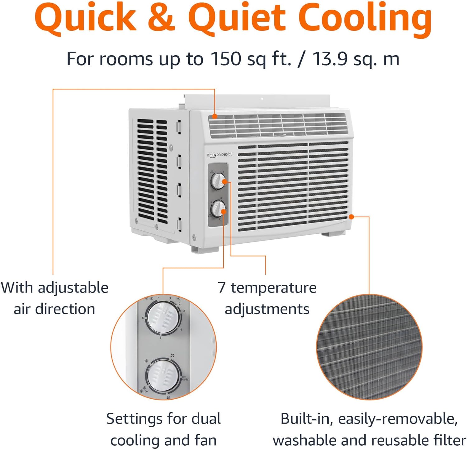 Amazon Basics 5000-BTU Window Air Conditioner with Quiet Operation, Up to 150 Sqf, Cool and Fan Functions, Washable Filter, Adjustable Window Kit, Intuitive Mechanical Controls, for Small Room, White