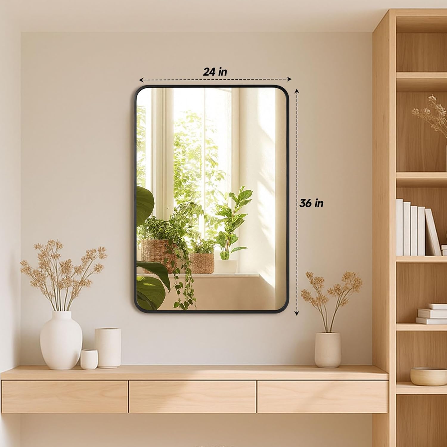 2 Pcs 24 x 36 Inch Black Metal Framed Bathroom Mirror for Wall, Rounded Rectangle Mirror Matte Black Bathroom Vanity Mirror,Anti-Rust, Hangs Horizontally or Vertically (2, Black, 24