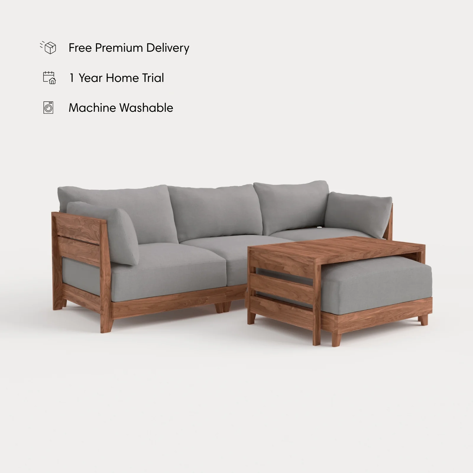Dwell™ Modular Teak Outdoor Sofa with Ottoman + Side Table  | Classic Canvas in Stone Gray