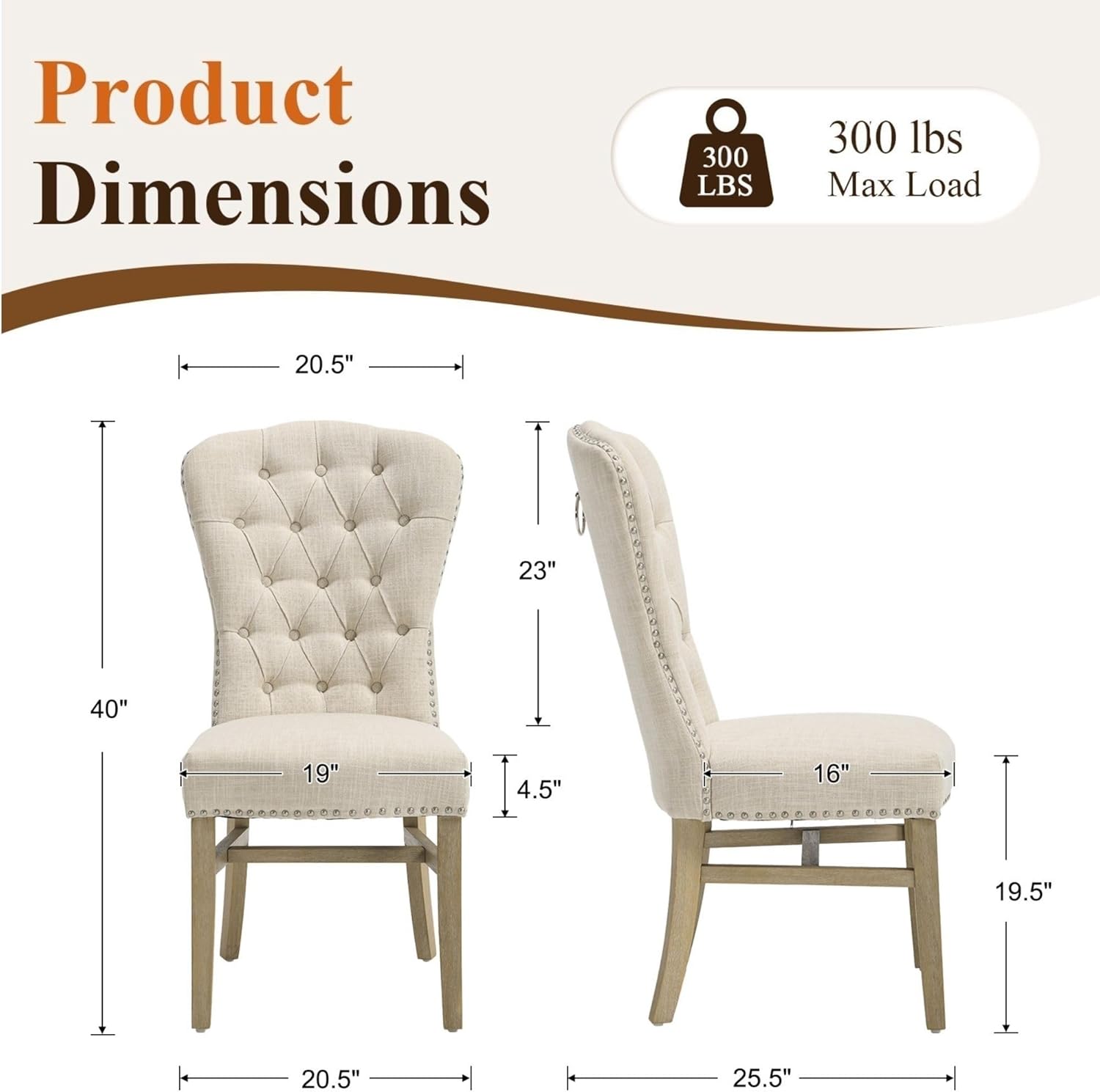 Tufted High Back Dining Chairs Set of 6, Linen Upholstered Farmhouse Kitchen Chairs, French Country Armless Wooden Side Chairs with Nailhead Trim for Dining/Kitchen/Living Room, Beige