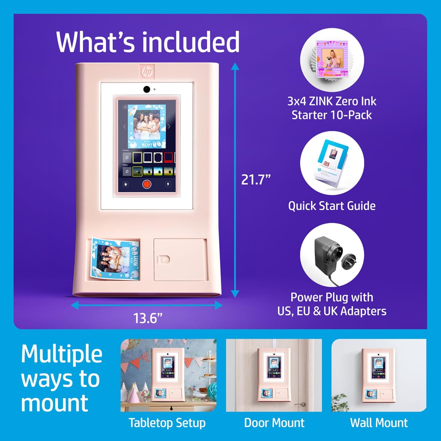 HP Sprocket Photo Booth Machine Instant Color Photo Printer (Pink) + Zink Paper (x100) + Case + Sticker Frames (x15) + Screen Protector (x2) + Fedoras (x6) + Glasses (6pc) + Boas (x6) + Cowboy Hat