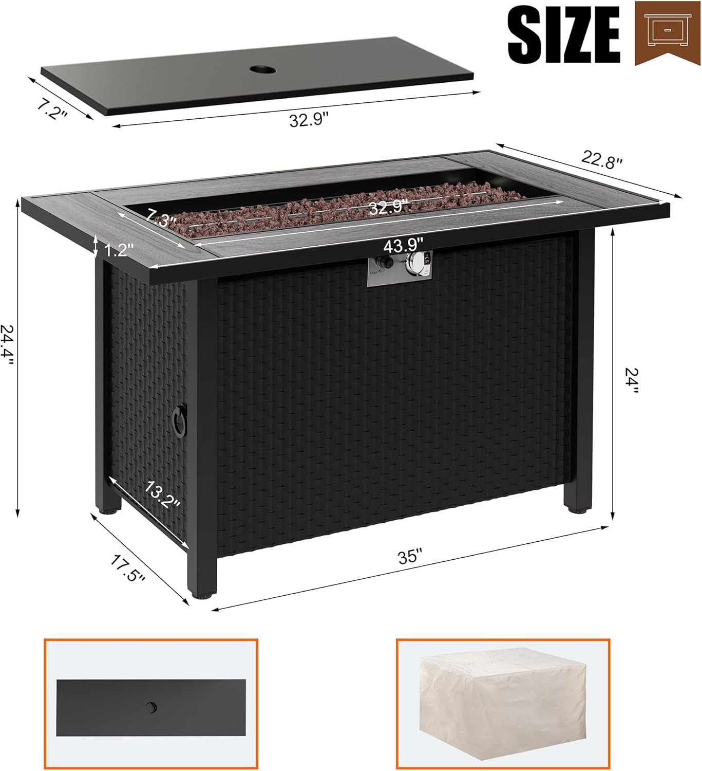 44 inch Propane Fire Pit Table, 50,000 BTU Outdoor Gas Fire Pit Table with Lid, Waterproof Cover, Rectangle Gas Firepit Table for Garden/Patio