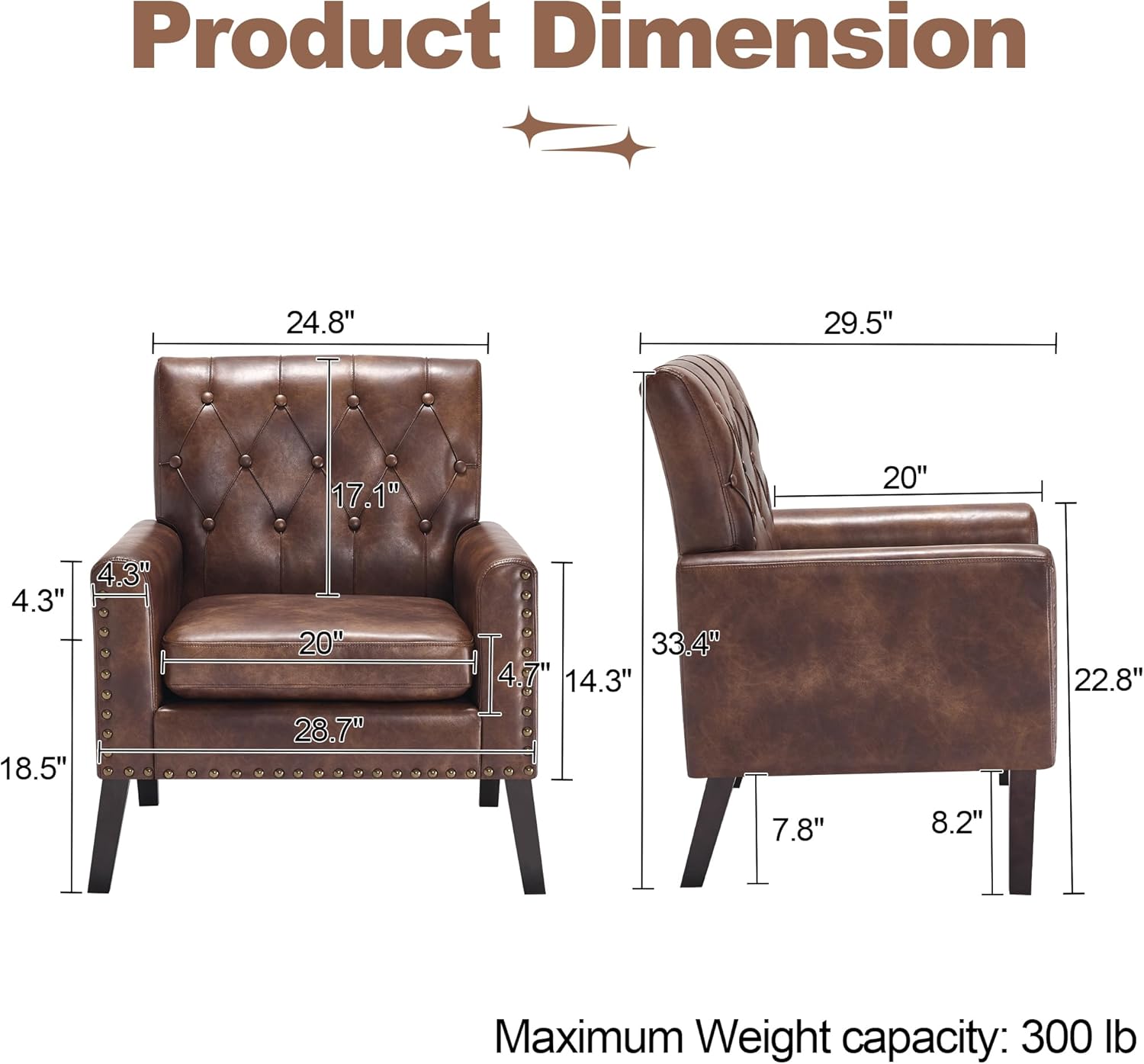 Mid Century Modern Accent Chair, Dark Brown Faux Leather Office Chair for Reception - Tufted Leather Club Chair for Living Room, Bedroom, or Waiting Room