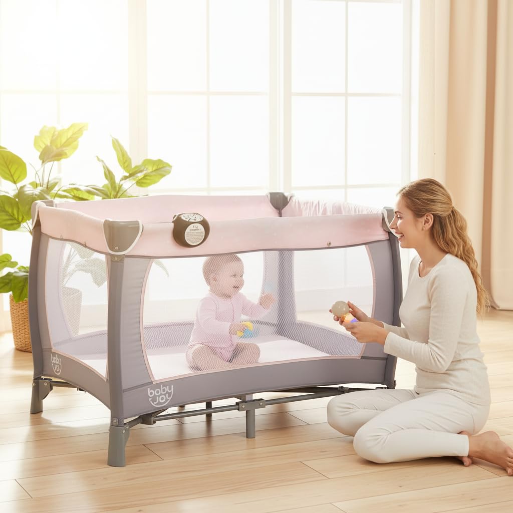 BABY JOY 5 in 1 Pack and Play, Portable Baby Playard w/Bassinet & Diaper Changing Table, Infant Pink Bassinet Crib with Toys & Music & Oxford Bag for Baby Girl Toddlers (Pink + Purple, Classic)
