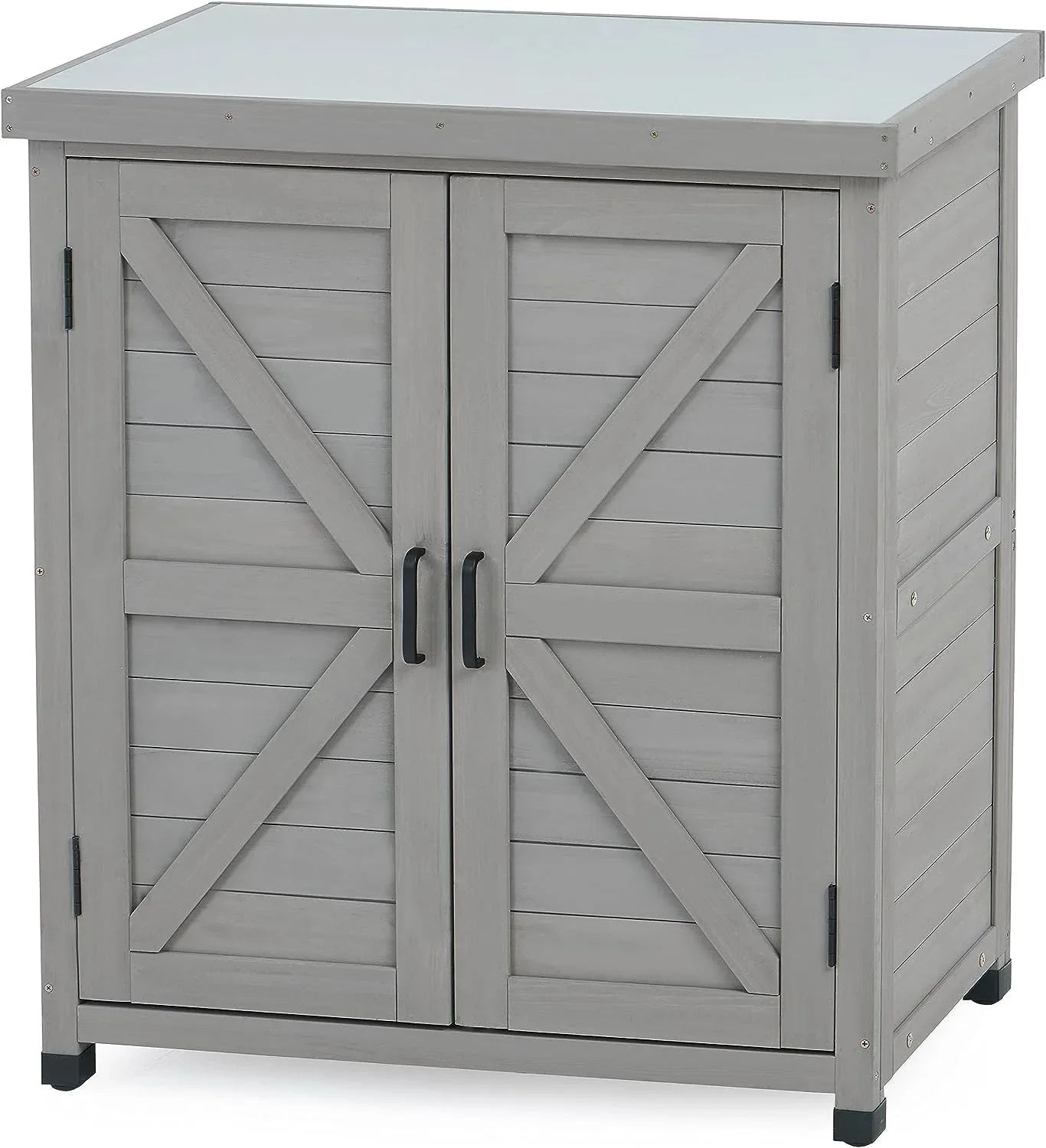 Potting Bench with Storage Cabinet and Metal Table Top for Outdoor Patio, Garden Furniture Wood Workstation