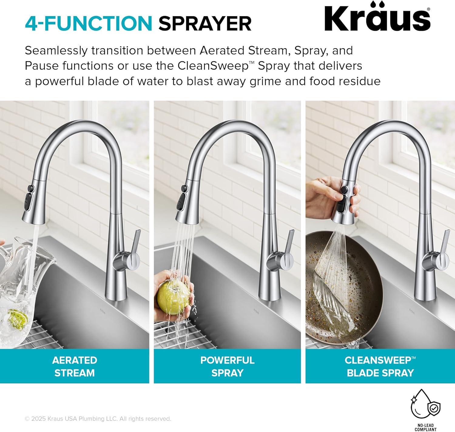 KRAUS Odelia 4-Function Single Handle Pull Down Kitchen Faucet in Matte Black with CleanSweep Blade Spray, KPF-3220MB