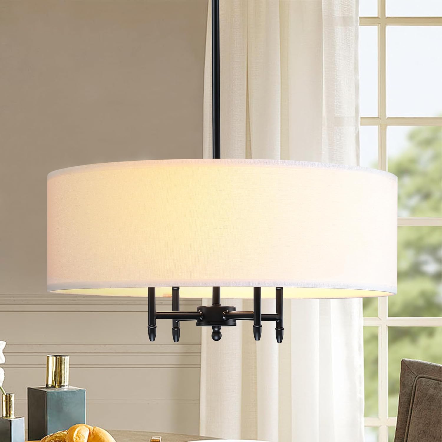 Untrammelife Drum Pendant Chandelier 4-Lights Black Ceiling Hanging Light Fixture with 20