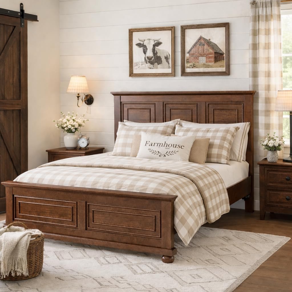 Queen Size Bed Frame Farmhouse Style, Tall Headboard Queen Bed Frame with Footboard, Pinewood Antique Beds, Farmhouse Style, Noise-Free, No Box Spring Needed, Walnut