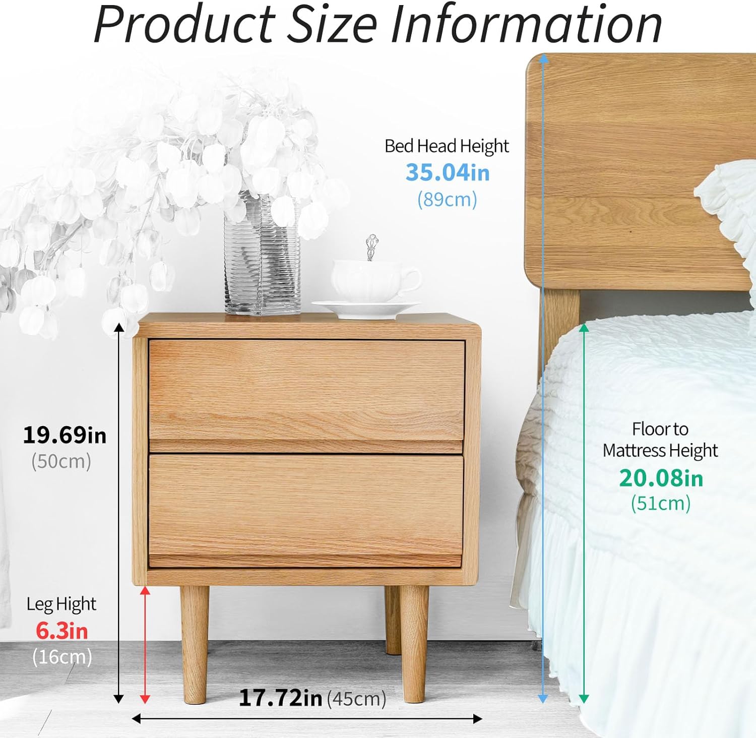 Night Stand, Mid Century Modern Nightstand w/2 Drawers, Boho Small Bedside Table, Oak Solid Wood, 17.72 W x 15.75 D x 19.69 H Inches (Natural, Double Drawer)