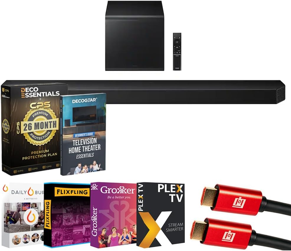 Samsung HWQ800H 5.1.2 ch. Q-Series Dolby Atmos Soundbar System (2026) Bundle with 26 Month CPS Protection Pack, HDMI Cable, Premiere Movies Streaming Pack and Deco Gear Home Theater Beginner's Guide
