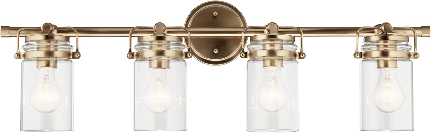 Kichler Brinley 4-Light Bathroom Vanity Light Fixture with Clear Glass in Champagne Bronze, Industrial Farmhouse Style for Mirror Lighting (32.5
