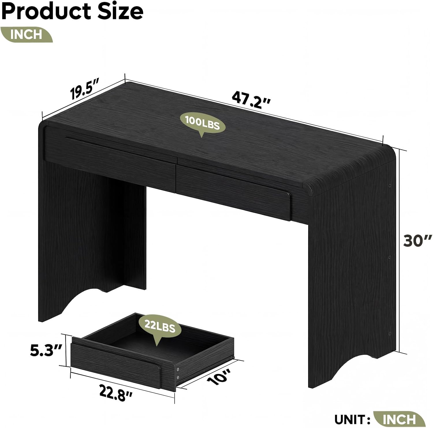 Bestier Computer Desk with 2 Drawers, 47 Inch Wood Home Office Desk, Small Writing Table with Curved Handles & Waterfall Rounded Edges, Cute Modern Desks for Bedroom Study Living Room, Black