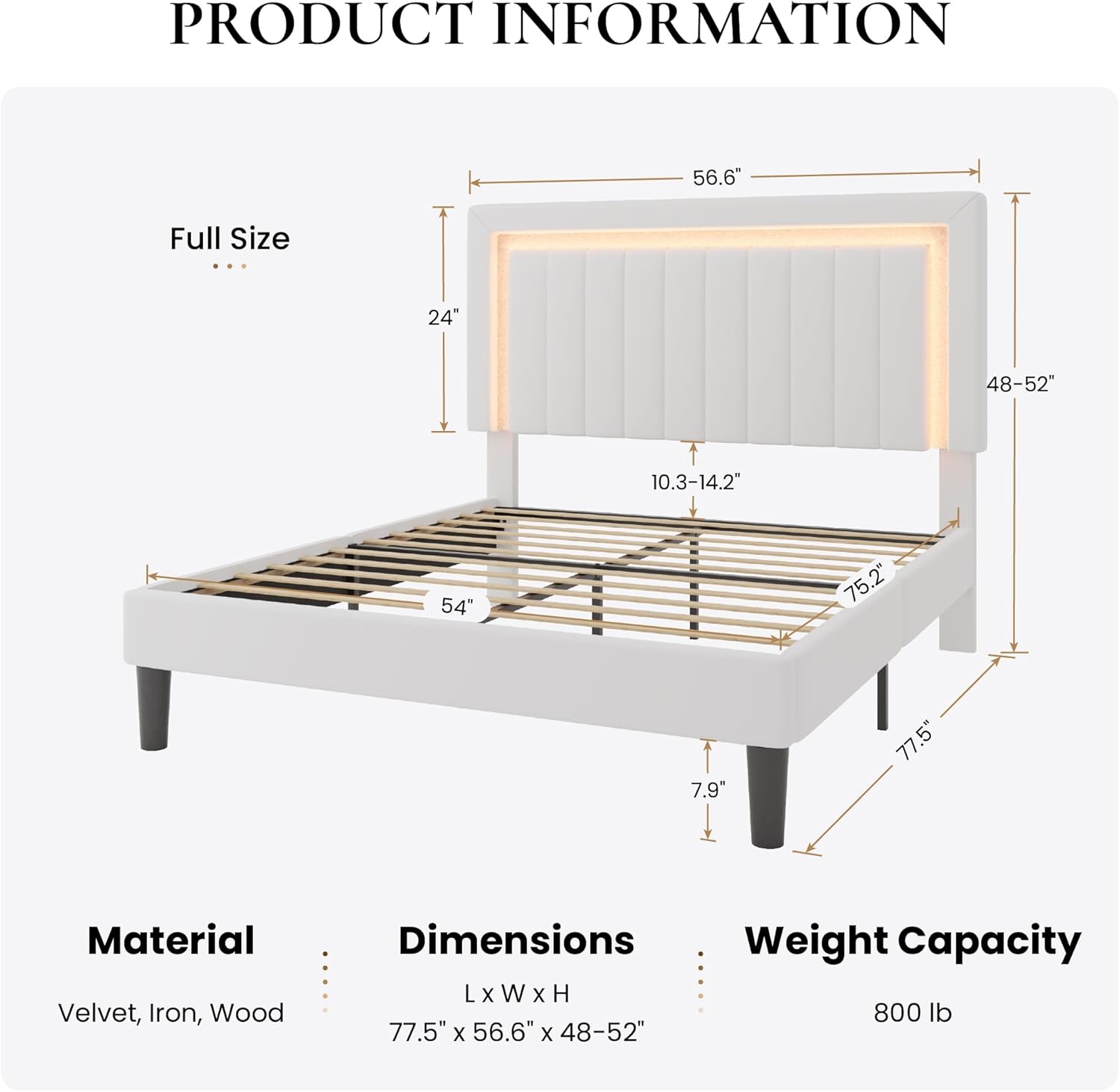 SHA CERLIN Full Size Velvet Bed Frame with LED Light, Adjustable Vertical Channel Tufted Headboard, Strong Wooden Slats Support, Noise-Free, No Box Spring Needed, White