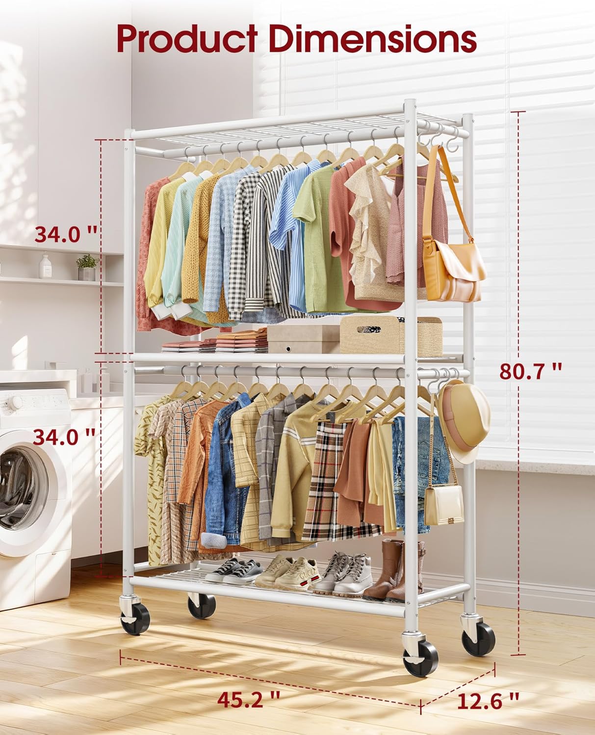 Sakugi Clothes Rack - Double Hanging Rod Clothing Rack with Wheels & Leveling Feet, Large Capacity Wardrobe Closet with Shelves for Bedroom, Laundry Room, Entryway, 45.2