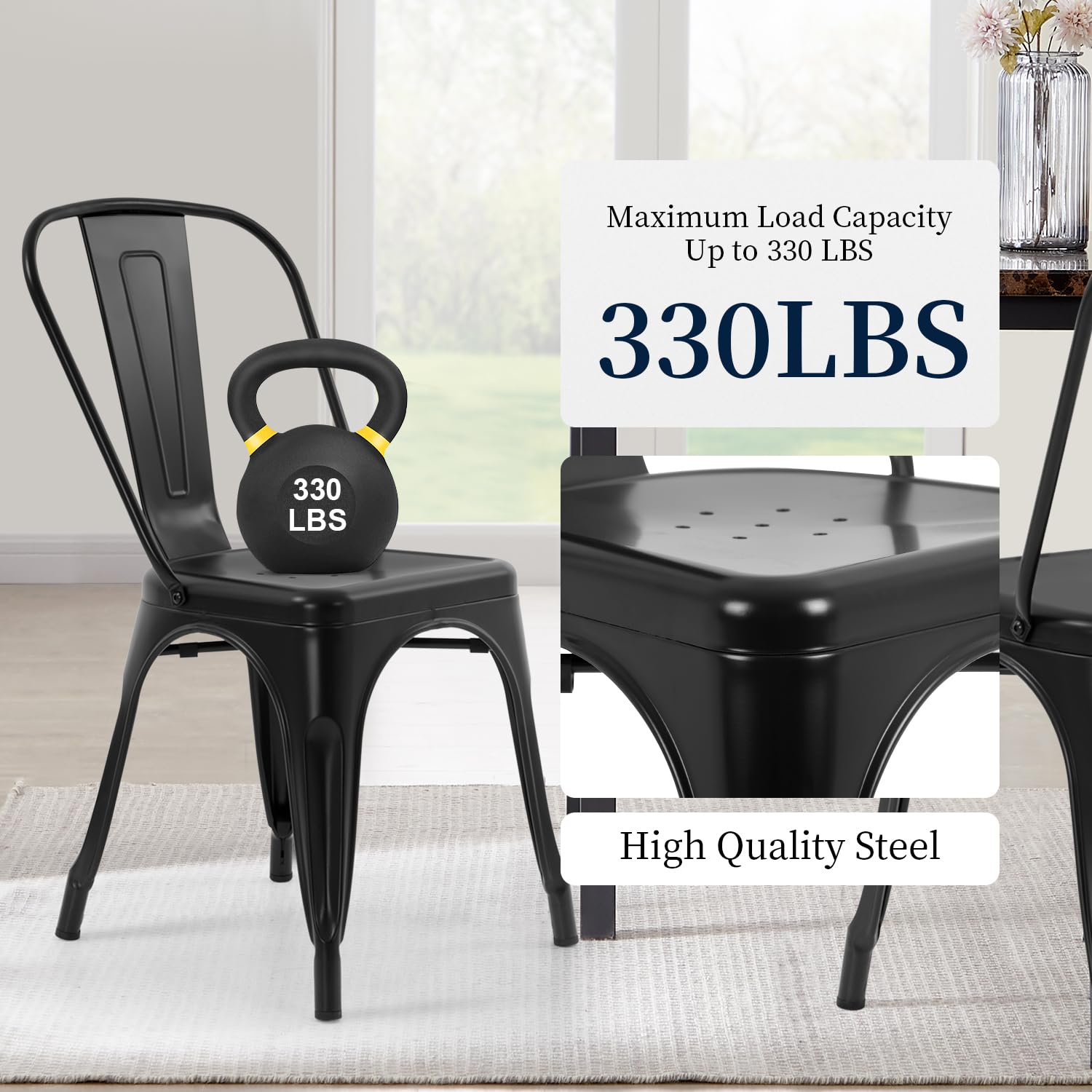 FDW Metal Dining Chairs Set of 4 - Black Stackable Tolix
