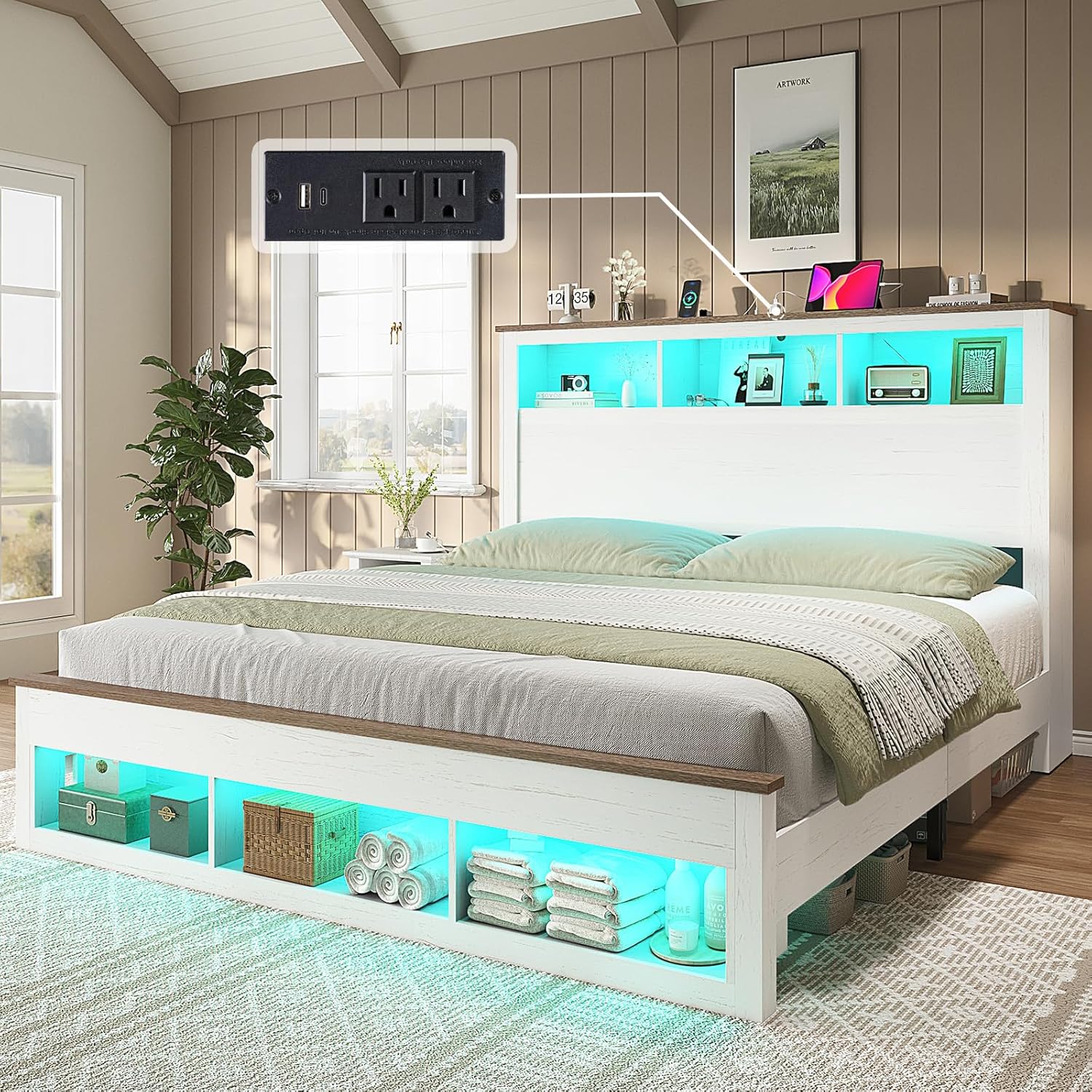 AMERLIFE King Size Bed Frame with Bookcase Storage Headboard and Footboard, LED Platform Bed with Charging Station, No Box Spring Needed, Noise Free, Distressed White