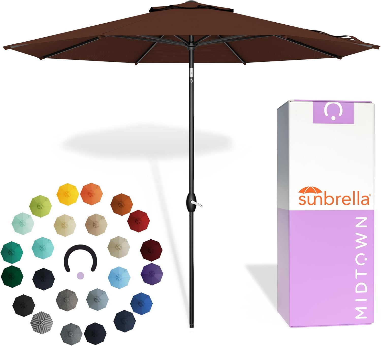 Midtown Umbrellas - The Lean 9 Ft Patio Umbrella with Fade-Resistant Sunbrella Fabric, Auto-Tilt Aluminum Frame and 8 Reinforced Ribs for Deck, Pool & Garden - Bay Brown Canopy, Black Pole