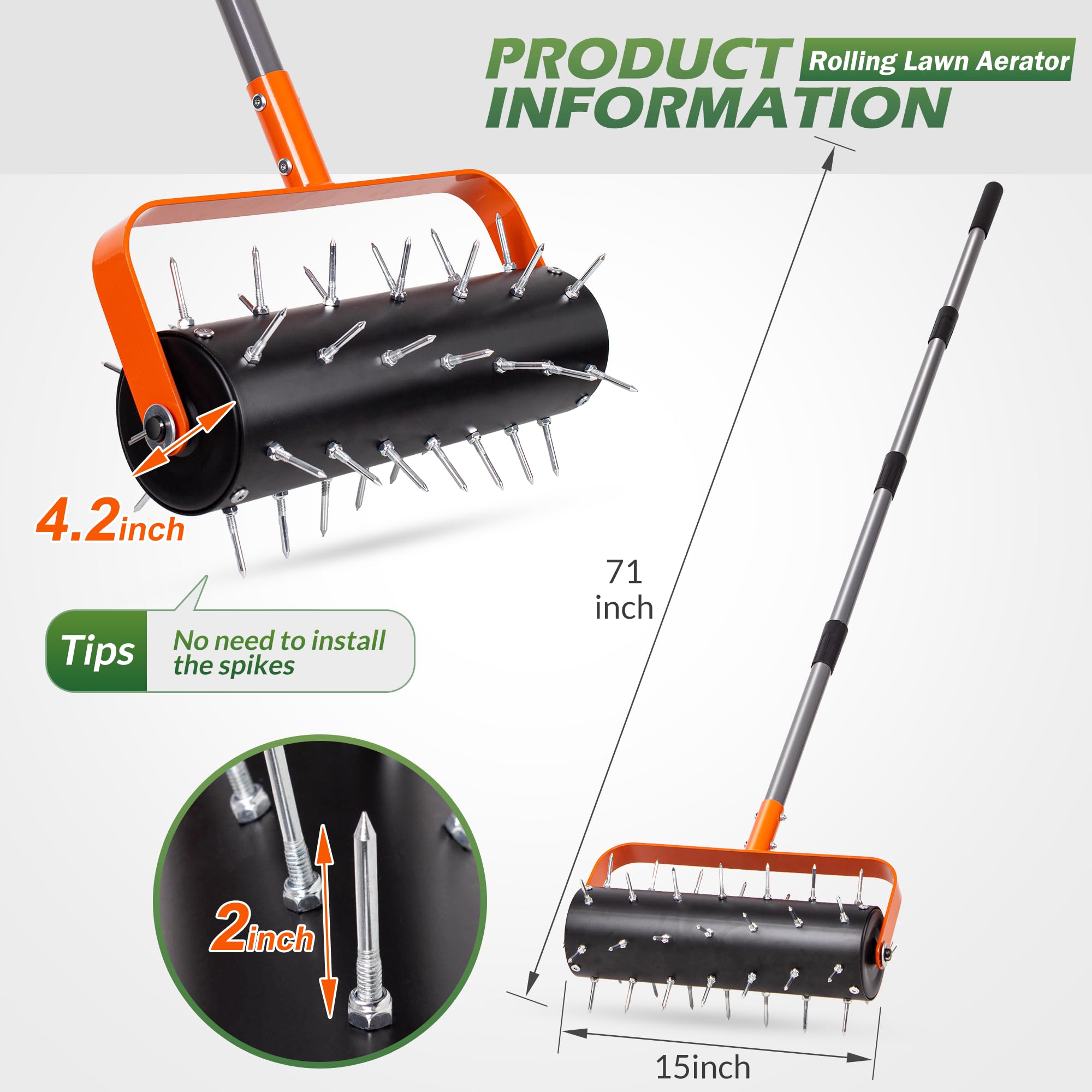 WALENSEE Heavy Duty Rolling Lawn Aerator Tool with 42 Spikes