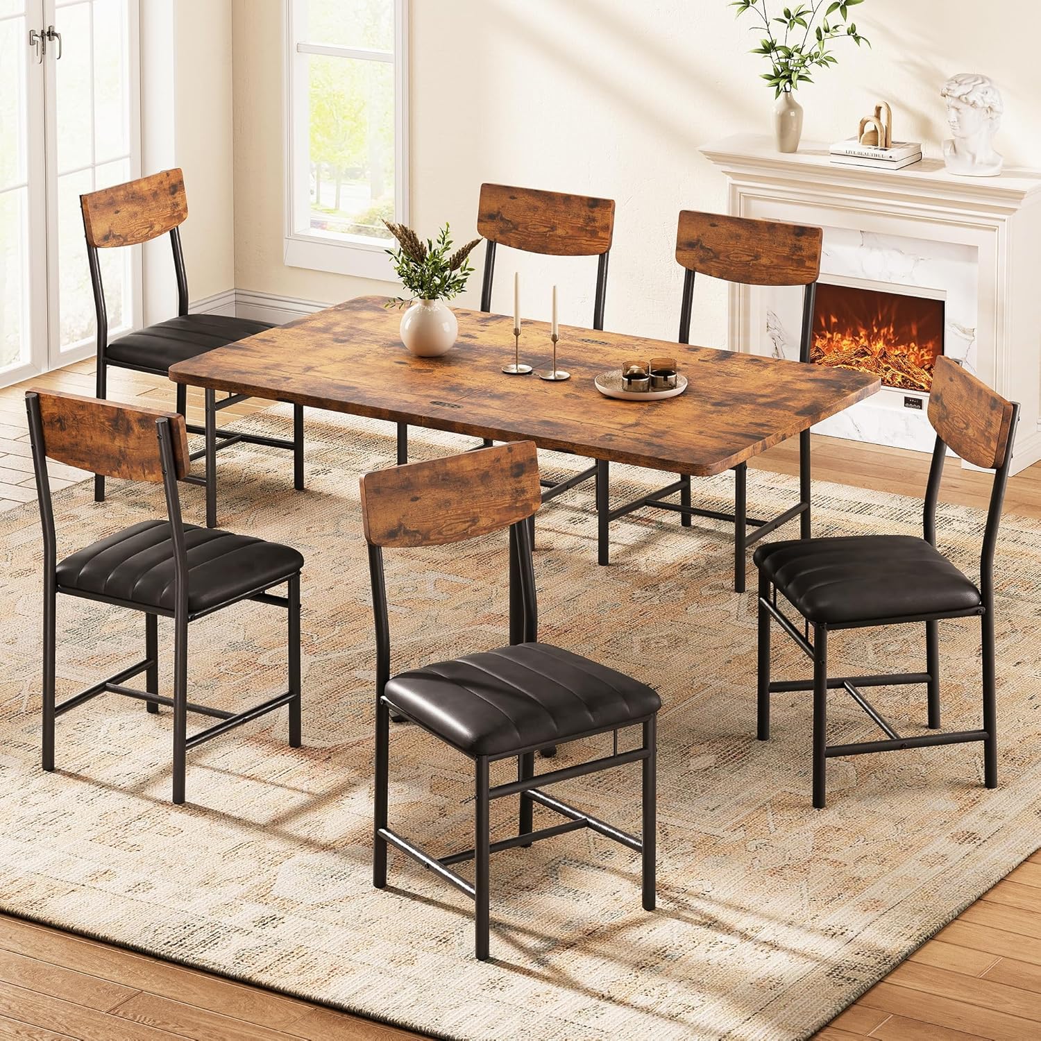 Jocoevol Industrial Dining Chairs Set of 6 - Upholstered Dining Room Chairs with PU Leather, Kitchen Chairs with Wooden Backrest and Thickened Metal Legs, for Dining Room, Living Room (6) (Brown)