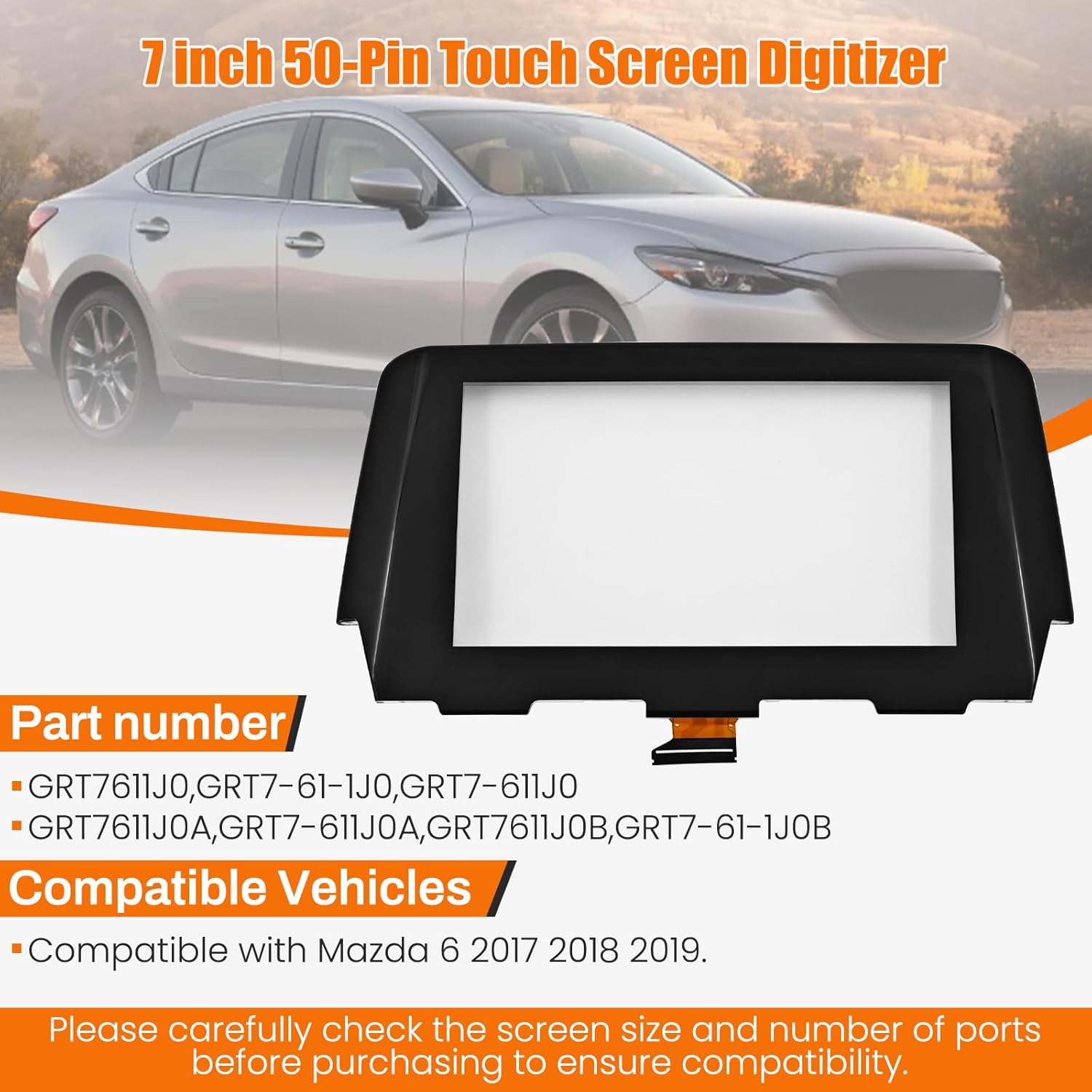 GRT7611J0 7 inch Touch Screen Digitizer 50-Pin Compatible with Mazda 6 2017 2018 2019 Radio Screen Replace# GRT7611J0 GRT7611J0A GRT7611J0B Navigation Glass Panel
