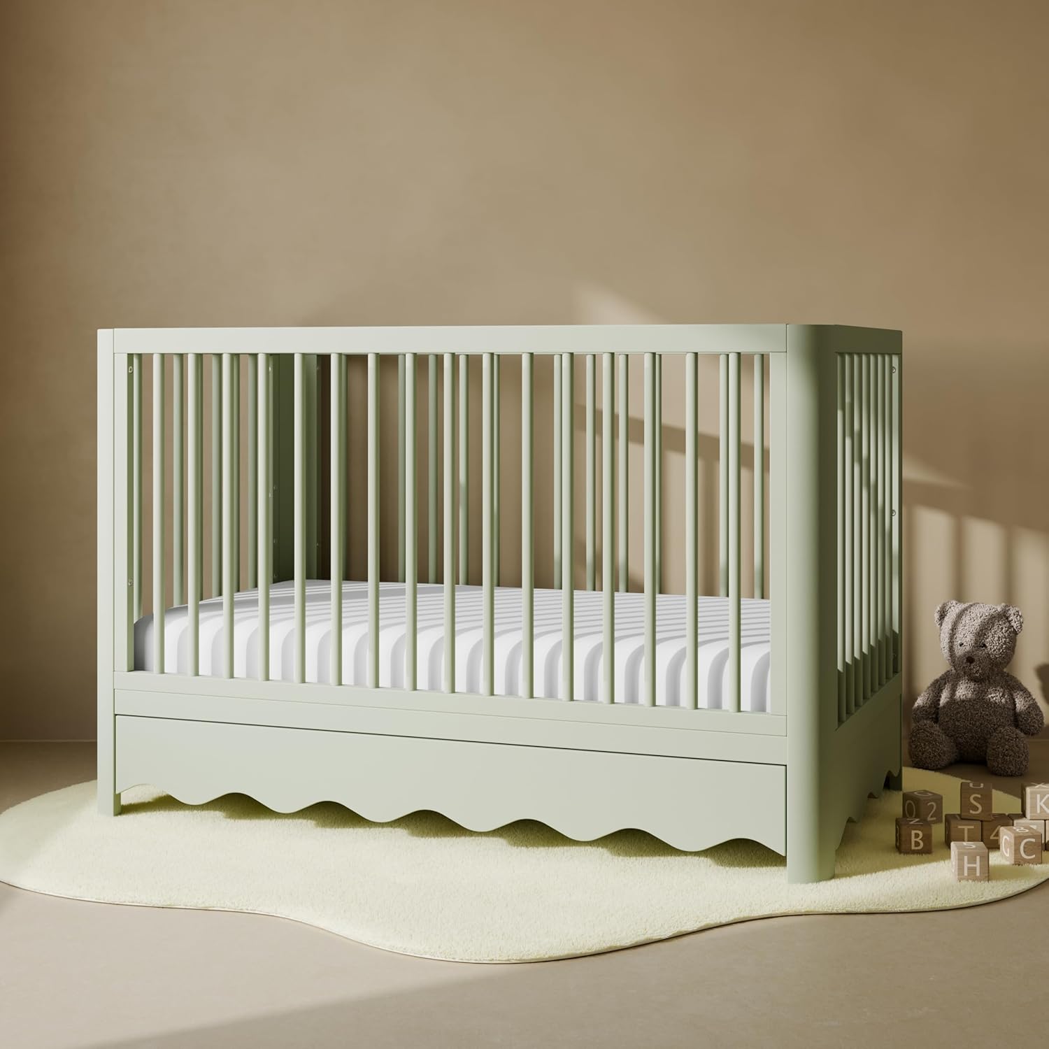 Storkcraft Casablanca Convertible Crib with Drawer and Toddler Guardrail (Sage) – GREENGUARD Gold Certified, Toddler Bed Conversion Kit Included, Fits Standard Crib Mattress, Crib with Storage