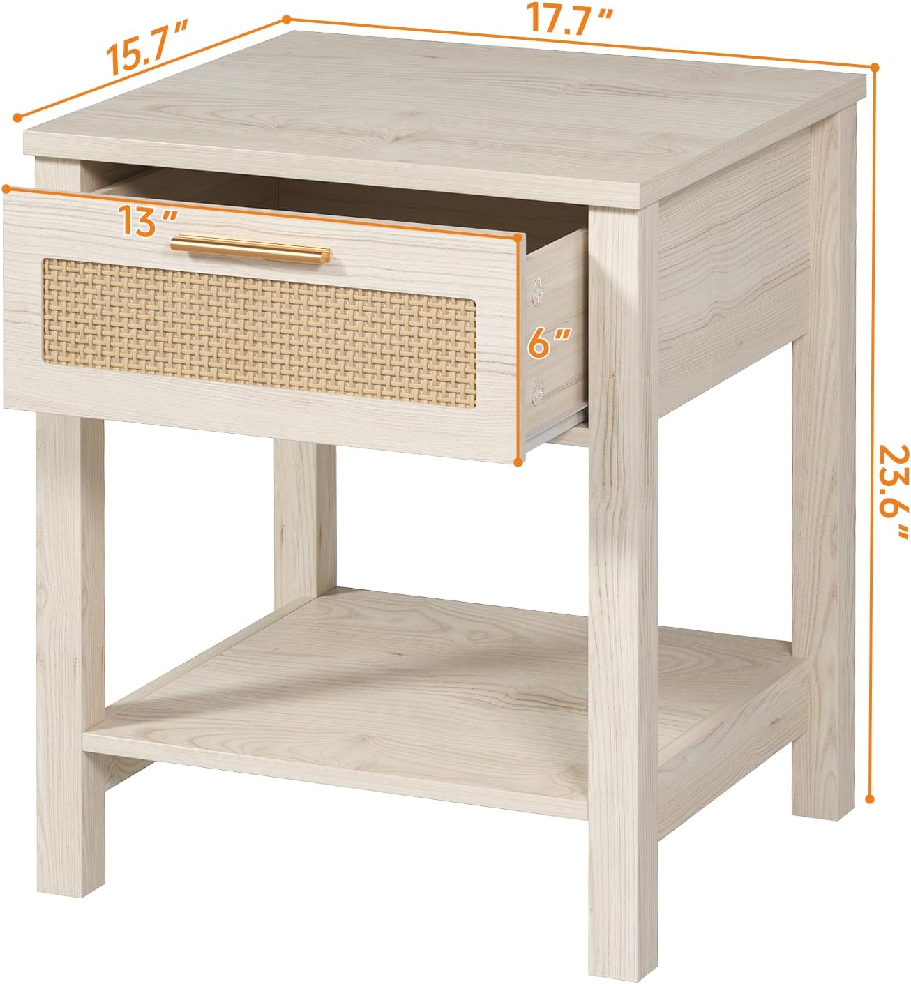 Set of 2 Nightstands, Modern End Table with Drawer and Storage Shelf, Rattan Night Stand for Bedroom Small Spaces, White Cream