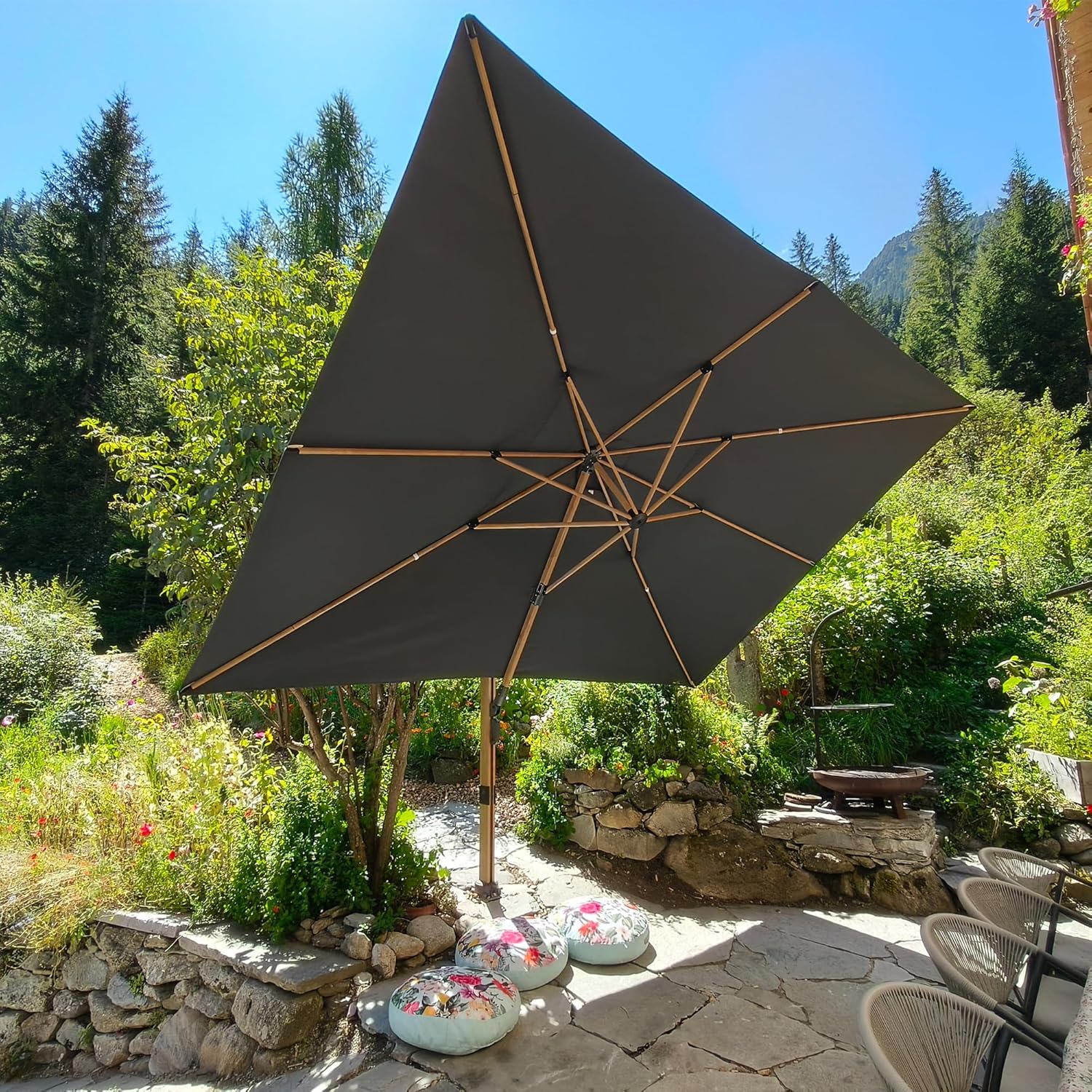 PURPLE LEAF 10' x 13' Rectangle Patio Cantilever Umbrella Large Hanging Umbrella Teak Finished Aluminum Frame Windproof Offset Outdoor Sun Umbrellas for Beach Pool Deck, Grey