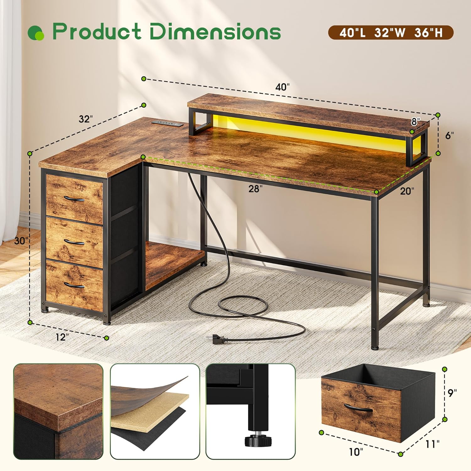 EnHomee 40''L Shaped Desk with 3 Drawers, Computer Desk with Monitor Stand, Small Gaming Desk with Power Outlet, Corner Desk with LED Lights for Gaming, Home Office, Study Room, Rustic Brown