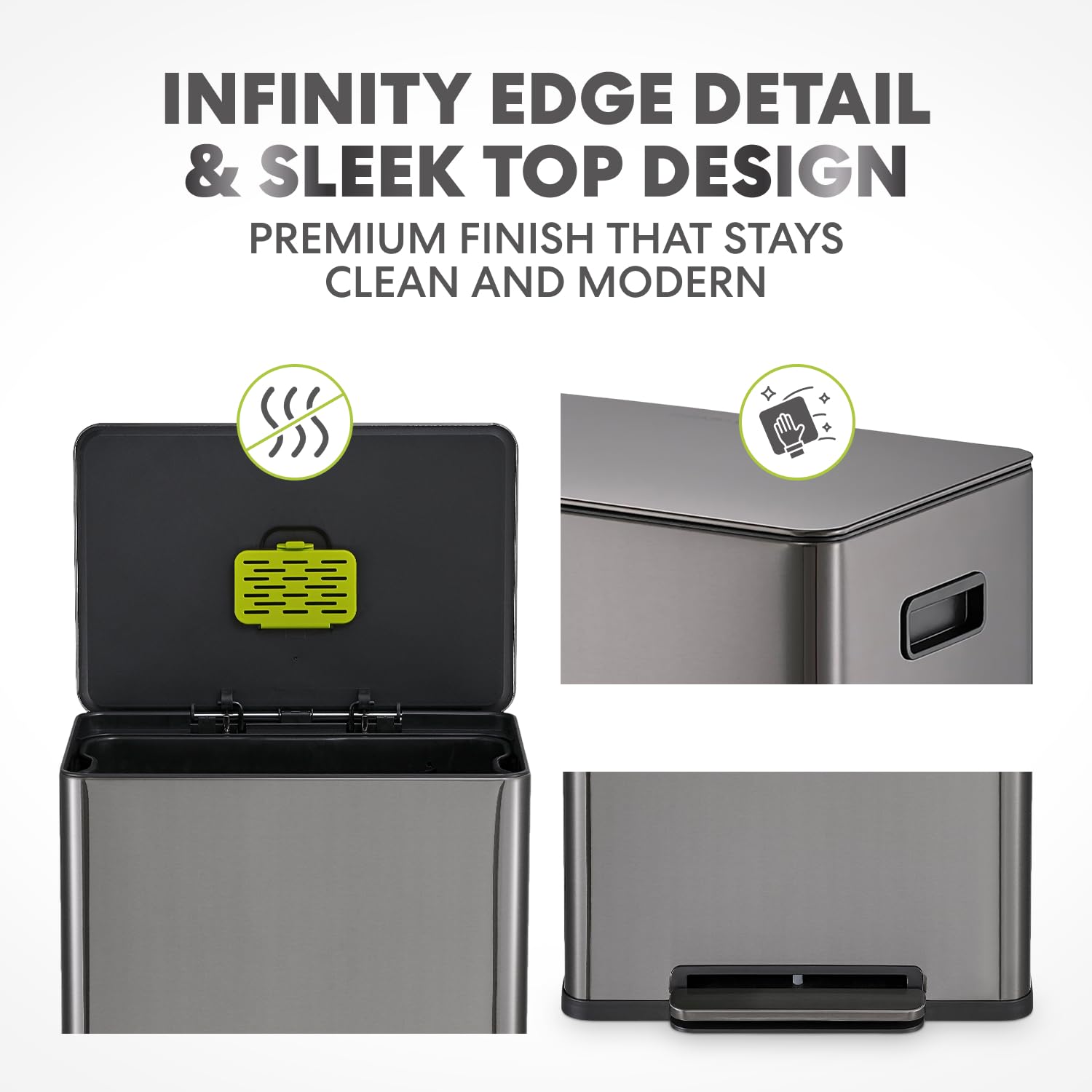 SIMPLI-Magic Infinity Edge 16 Gallon (60L) Kitchen Trash Can - Hands-Free Step Pedal, Soft-Close Lid, Stainless Steel Garbage Can with Removable Inner Bucket, Fingerprint-Resistant Finish