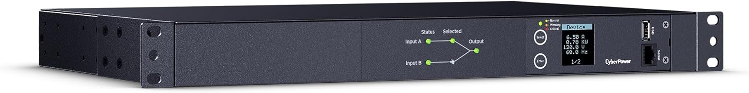 CyberPower PDU24002 Metered ATS PDU, 100-120V, 20A (Derated to 16A), 10 Outlets, 1U Rackmount