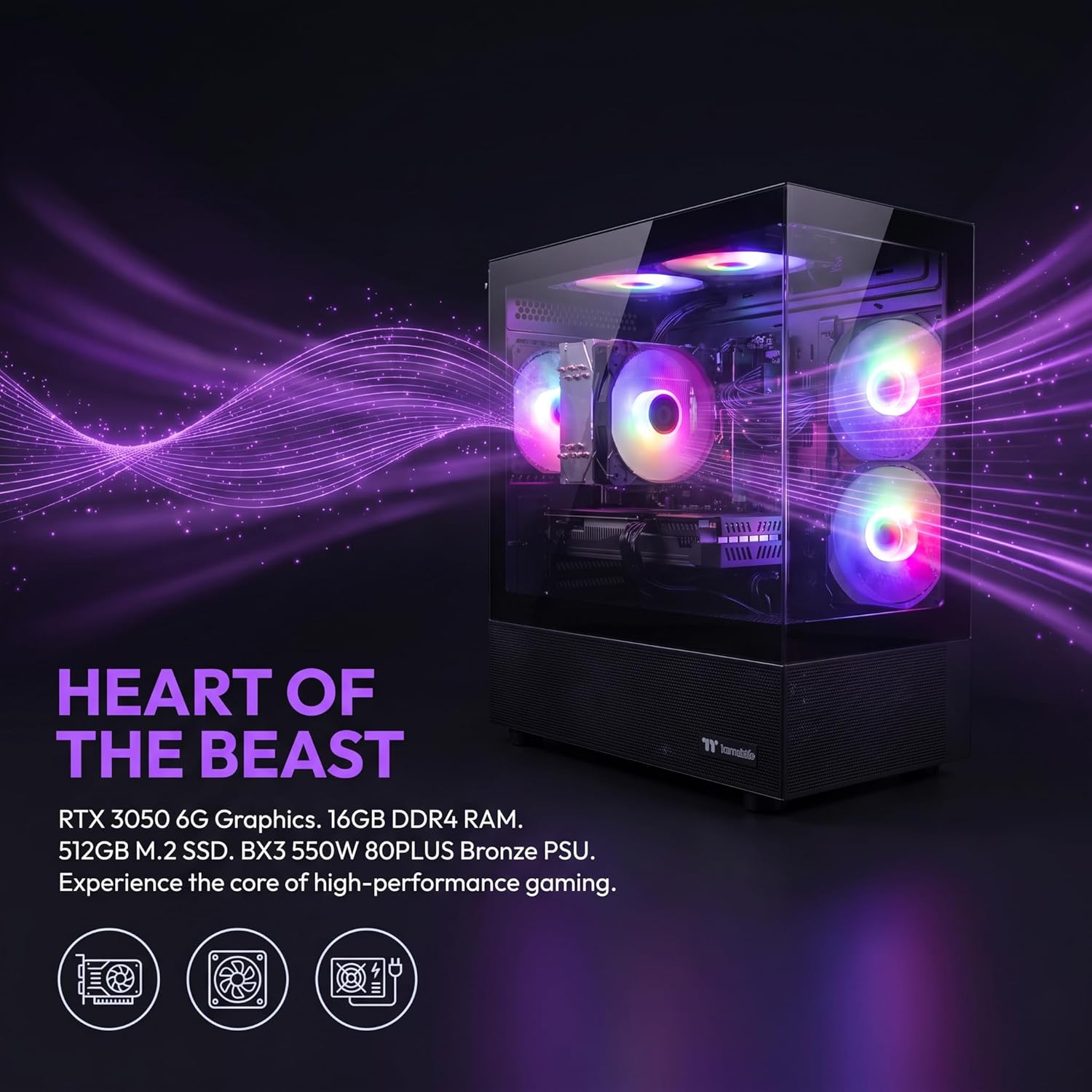 Gaming Desktop Computer, AMD R7 4700 LE,RTX 3050 6G,16GB DDR4,512GB M.2 SSD, BX3 550W 80PLUS Bronze PSU, RGB Fan x5, WiFi Ready & Windows 11 Home, Black
