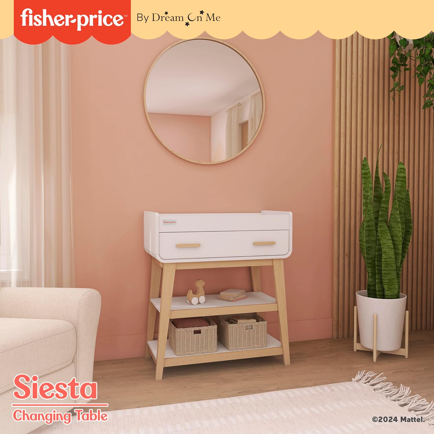 Dream On Me Fisher Price Baby Changing Table, Vintage White Oak – Greenguard Gold & JPMA Certified, Wooden Nursery Dresser with Storage Shelves – Compact, Sturdy & Easy-to-Clean Design