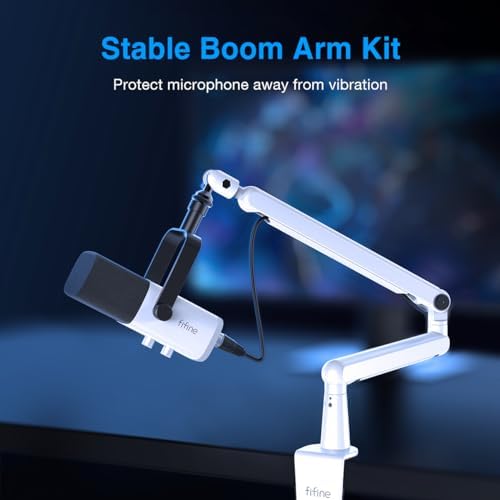 FIFINE Gaming XLR/USB Microphone and Mic Stand Bundle,RGB Dynamic Mic with Mute Button,Volume Control, Low Profile Boom Arm Kit with Cable Management for Recording Video Creation (AM8W+BM88W)