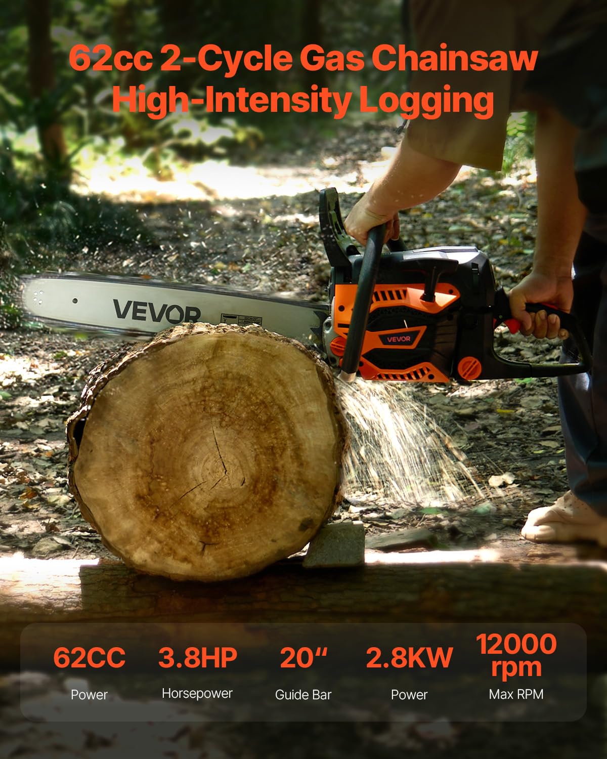 VEVOR 20-Inch 62CC Gas Chainsaw - 3.8 HP, Dual Fuel