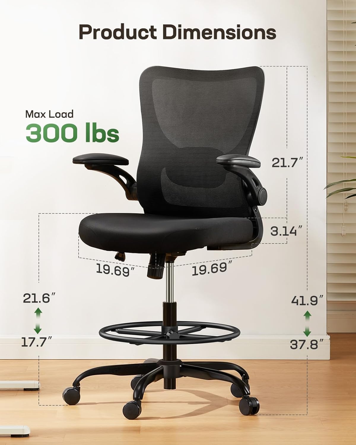 Marsail Drafting Chair, Tall Office Chair with 2D Lumbar Support, Standing Desk Chair,High Office Chair with Padded Flip-Up Armrests & Adjustable Footrest Ring, Dark