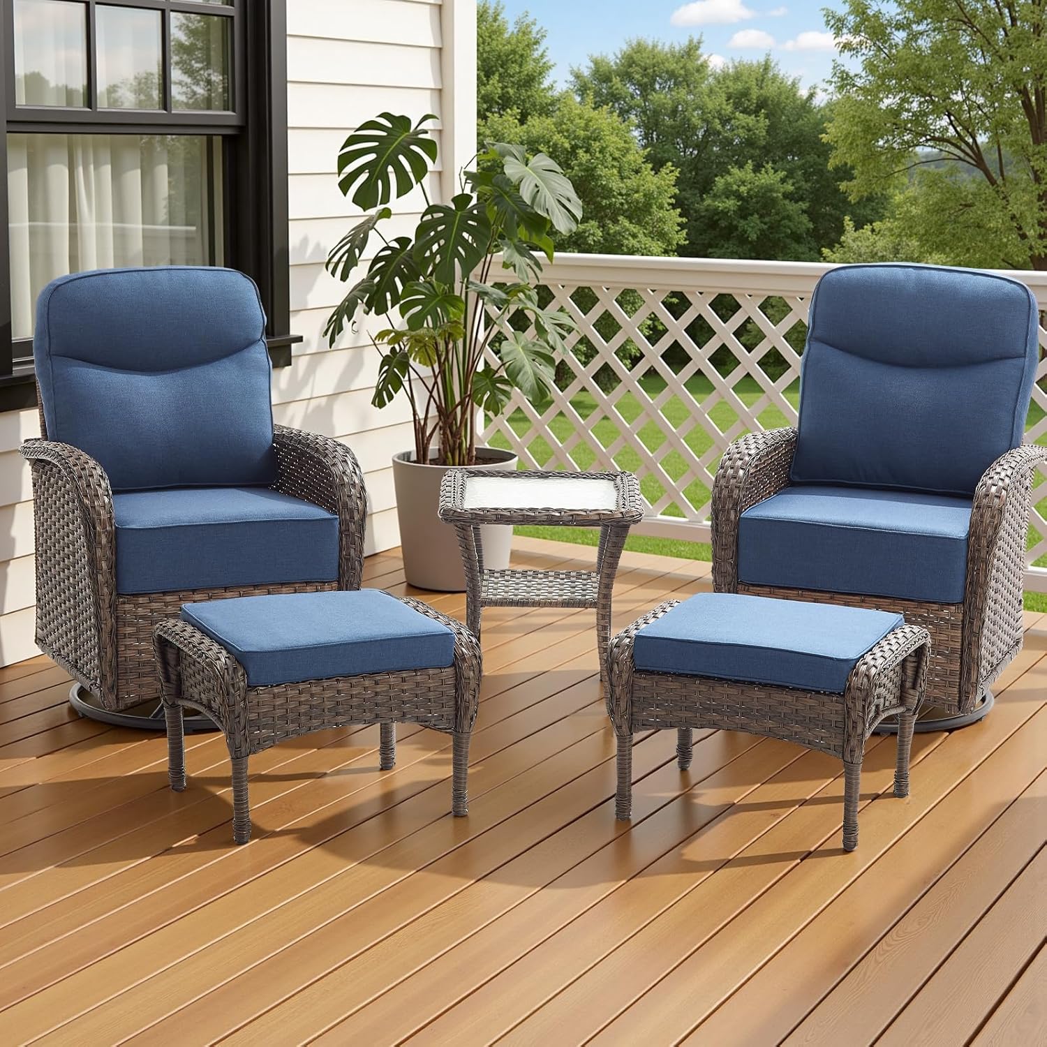 Luxury 6-Inch Cushion Outdoor Patio Furniture Set with Ottoman, Outdoor Swivel Rocker Patio Chairs with Side Table, Wicker Conversation Set for Deck Porch Garden Balcony and Poolside Blue